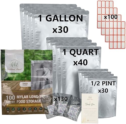 Bolsas de Mylar 100 bolsas de pie de 9.5 mil de grosor, 130 absorbentes de oxígeno, 300 cc herméticas, almacenamiento de alimentos para suministro