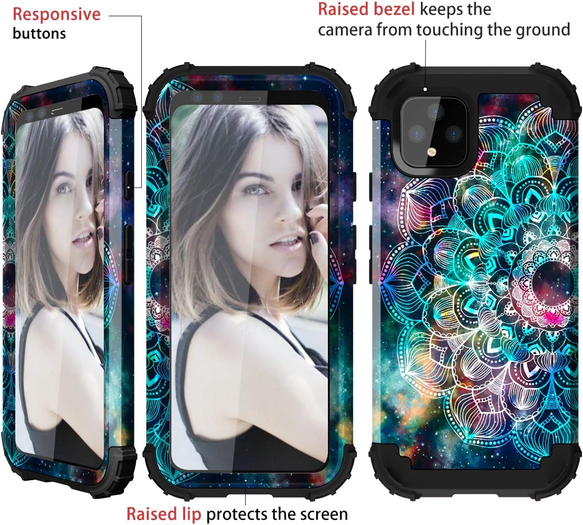 Hocase Google Pixel 4 Case, Shockproof Heavy Duty Protection Hard Plastic+Silicone Rubber Bumper Hybrid Protective Case with Cute Flower Design for Google Pixel 4 (5.7") 2019 - Mandala in Galaxy