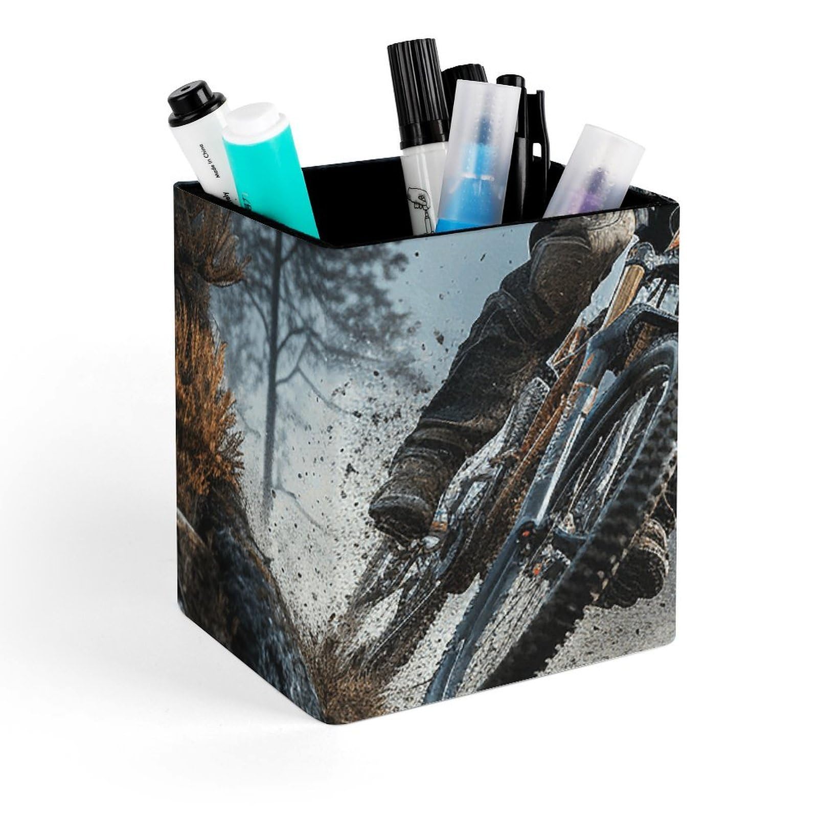 FekiLoot Mountain Bike Tournament Pencil Holder Square Leather Pen Holder Cup Modern Multi-Functional Pencil Cup Holder Decorative Desk Organizer Caddy Makeup Brush Holders for Desk Office