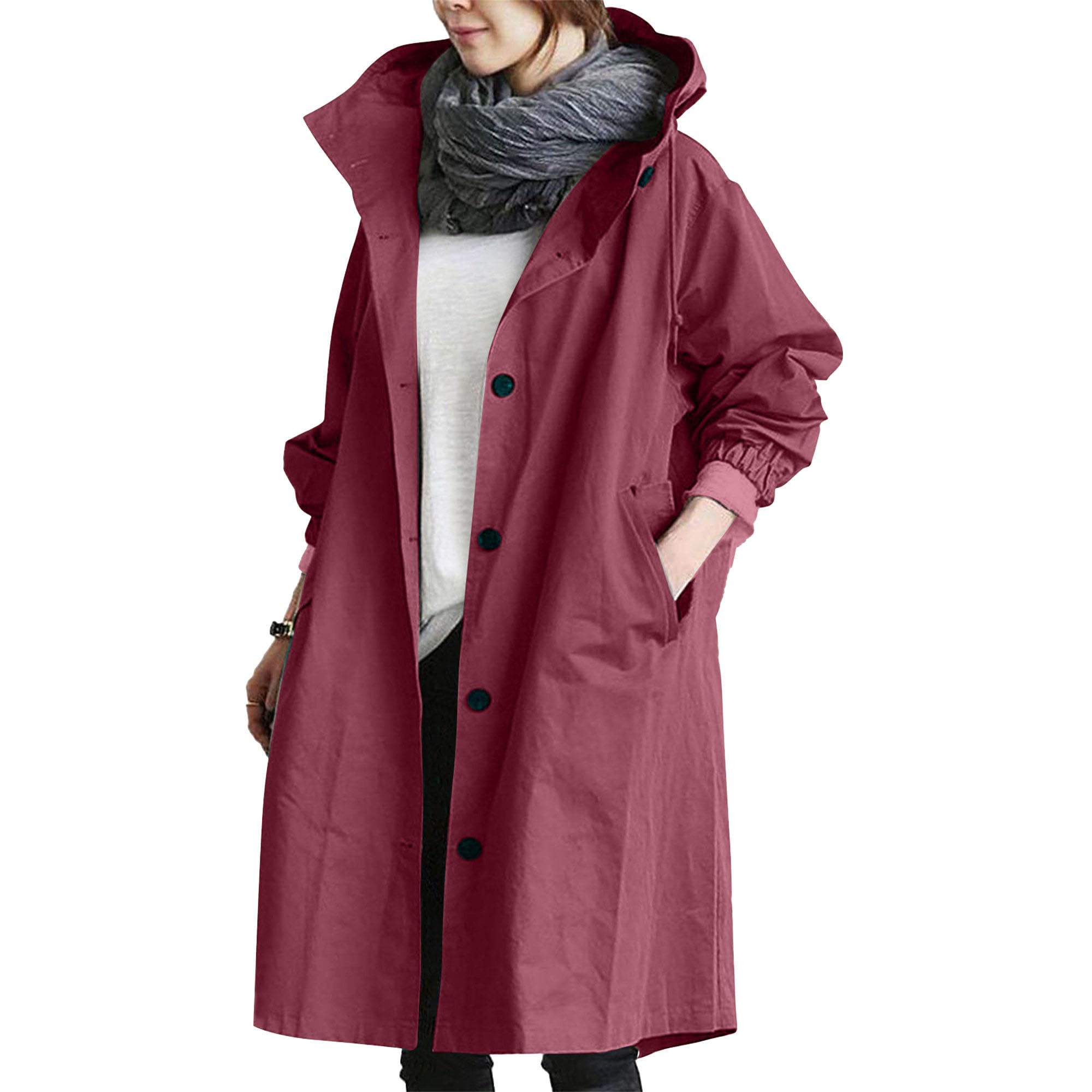 Women Hooded Windbreaker Trench Coat Single Breasted Windproof Long Overcoat Lightweight Fashion Jackets Outerwear