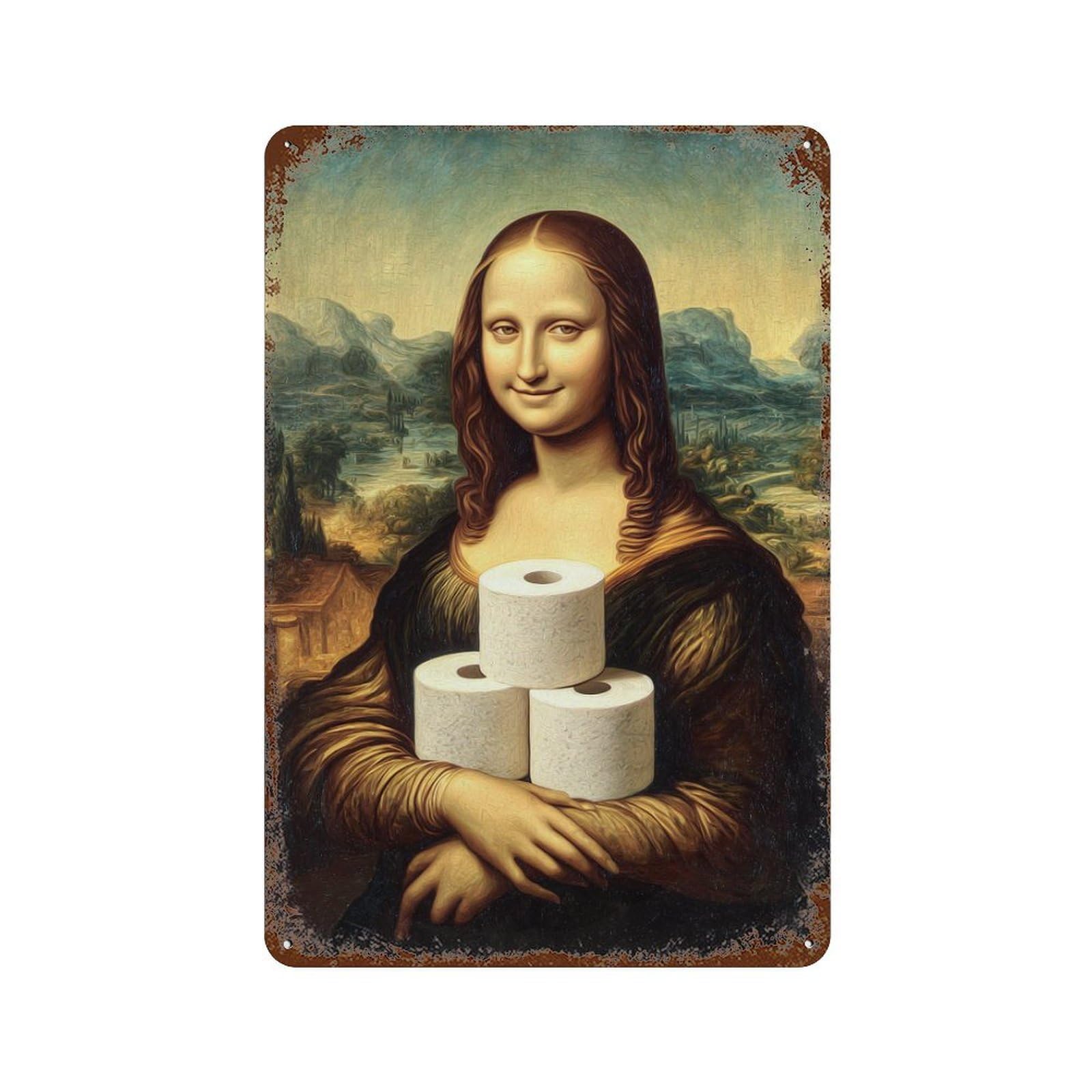 Monumental Mona Lisa with Toilet Paper -1 Retro Metal Sign 11.8"x7.9", Decorative Metal Wall Art for Basement, Hobby Room And Garage Decor