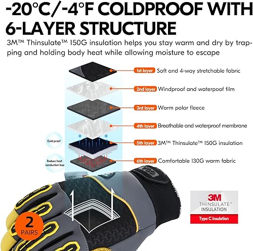 Miniatura 3 de Vgo... 2 pares de guantes de trabajo de seguridad para invierno, resistentes al agua y resistentes al viento (talla L, gris, CA7724FLWP)