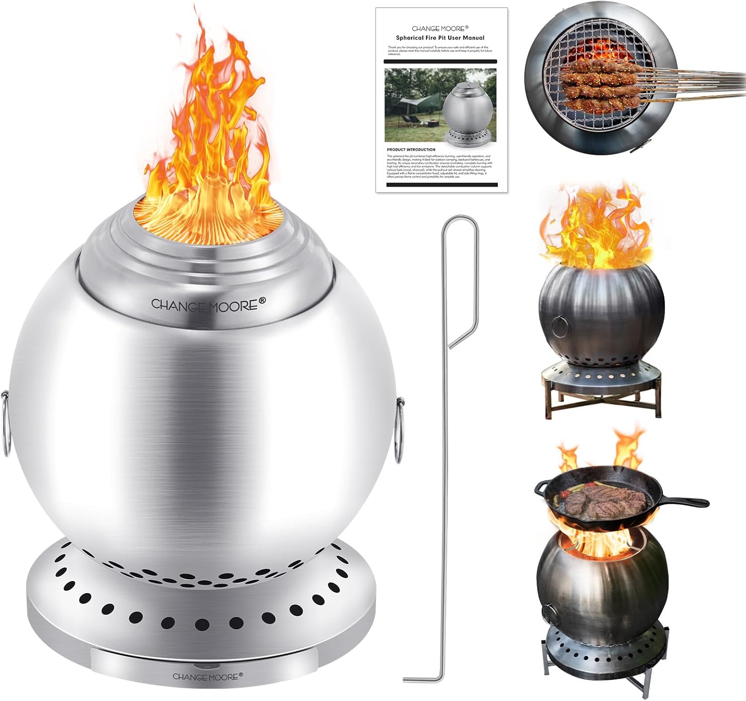 CHANGE MOORE 13.8" Smokeless Fire Pit with 304 Stainless Steel Grill, Portable Spherical Wood Burning Firepit for Backyard, Firepit Set Includes Grill & Fire Poker