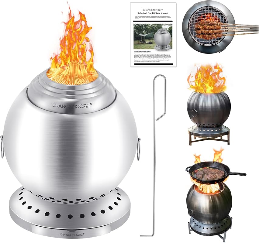 CHANGE MOORE 13.8 inch smokeless stainless steel spherical fire pit with grill grate in a backyard setting