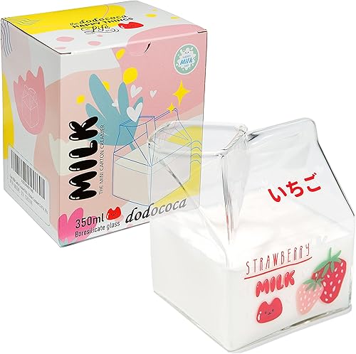Taza de cartón de leche de vidrio Kawaii con diseño de fresa, mini recipiente para jarra de crema, apto para microondas, 12 onzas, 1 unidad