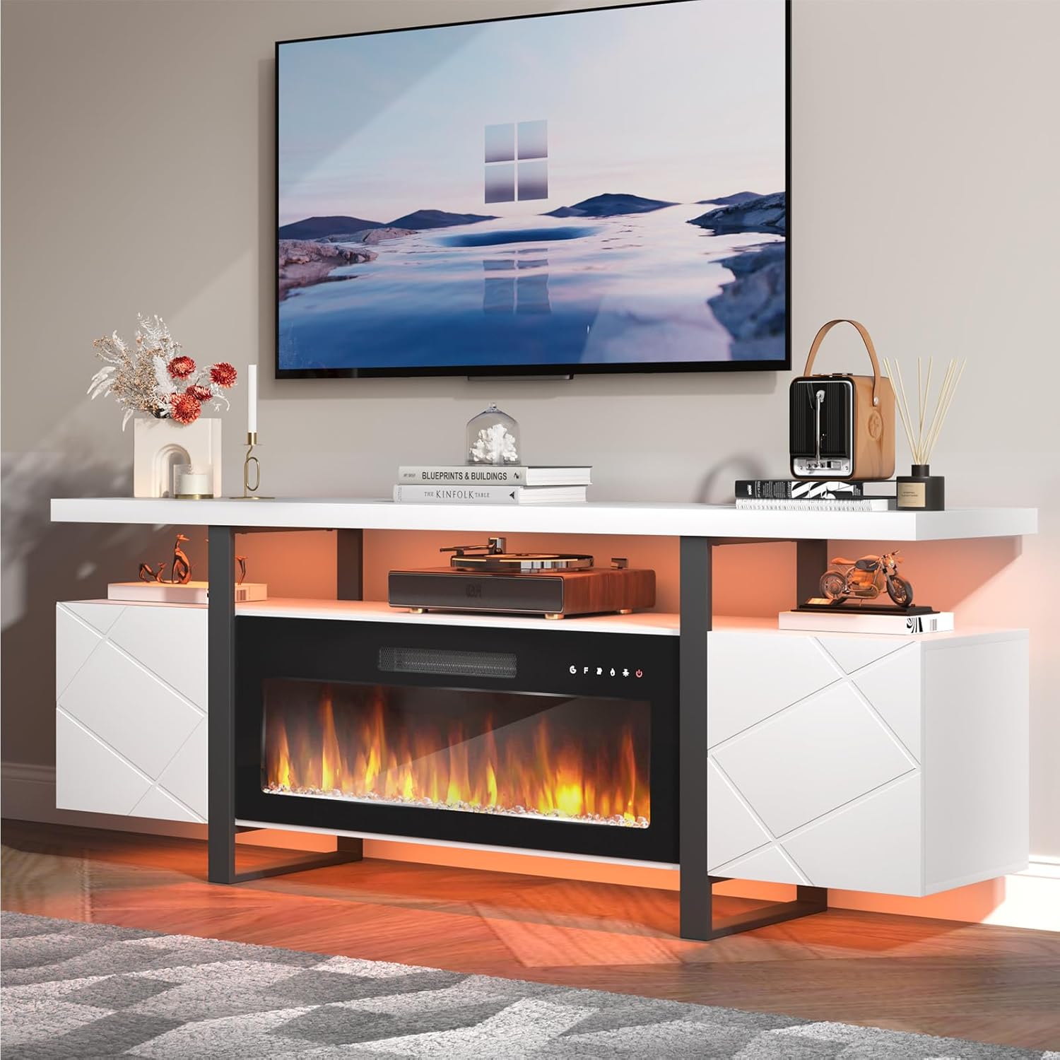 Fireplace TV Stand with 36" Electric Fireplace,LED Light Entertainment Center with Hidden Storage Cabinet,Media Console for TVs up to 80",Modern White