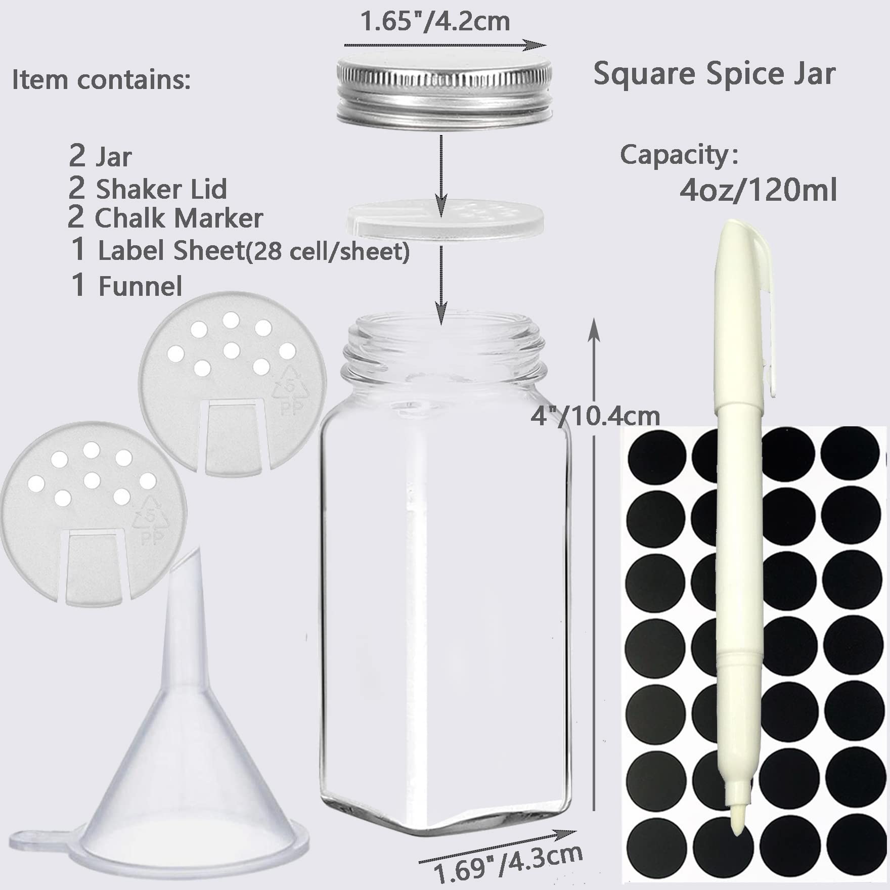Juego de 2 tarros de vidrio para especias, con etiquetas para especias, marcador de tiza, embudo, tapas de coctelera y tapas de metal herméticas incluidas, botellas de especias vacías de 4 2