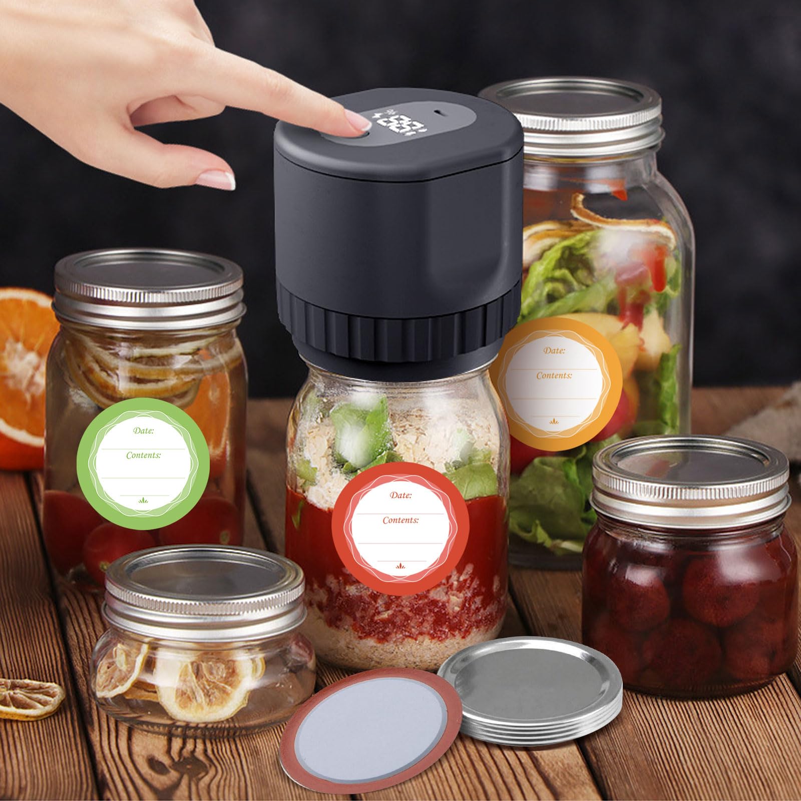 Glas-Vakuumierer-Set, Food Saver Vakuum-Dosenversiegeler, tragbare Mason-Vakuumierer mit 15 Flaschenverschlüssen und 60 Etikettenaufklebern für die Gärung von Lebensmitteln