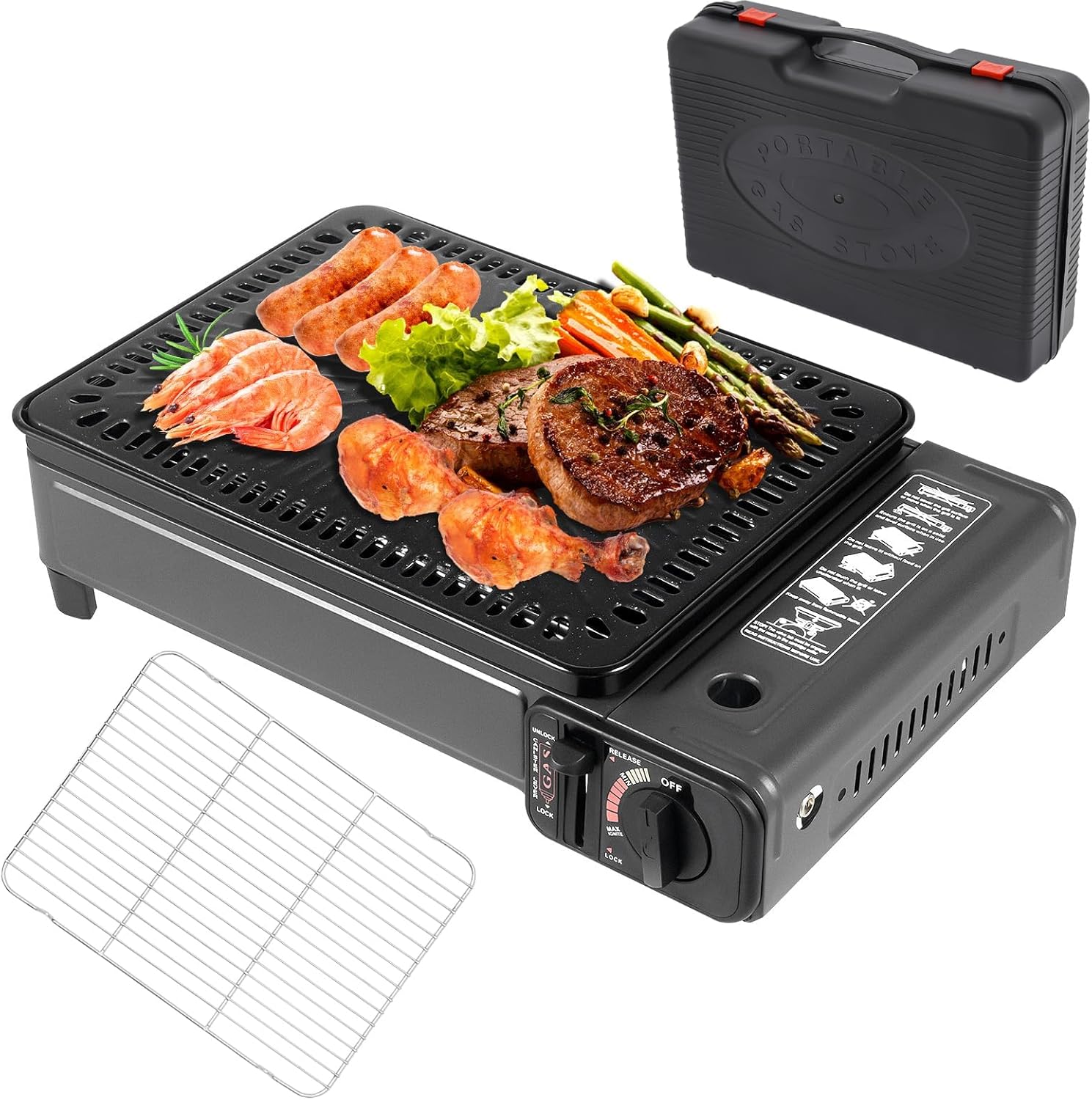 Butane Grill Stove Portable Camping BBQ Grill Gas Stove Butane Gas Stove Korean BBQ Grill for Outdoor Camping Traveling w/Grilling Net & Baking Sheet