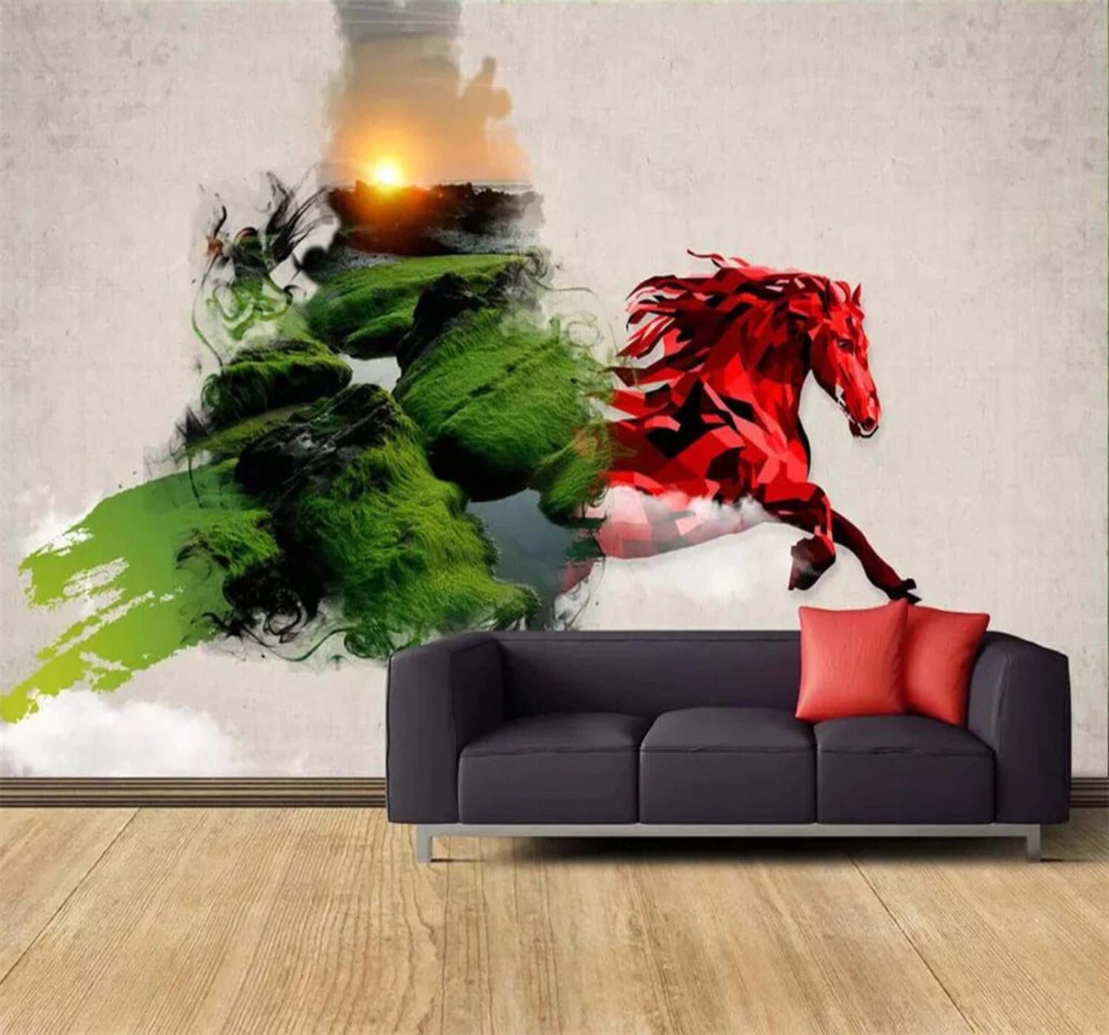 XLMING Abstract Creative Landscape Sunrise Horse 3D Wallpaper Luxury Silk Study Dining Feature Sofa Grey Bedroom Living Room Tv Decorative Wall-200cm×140cm