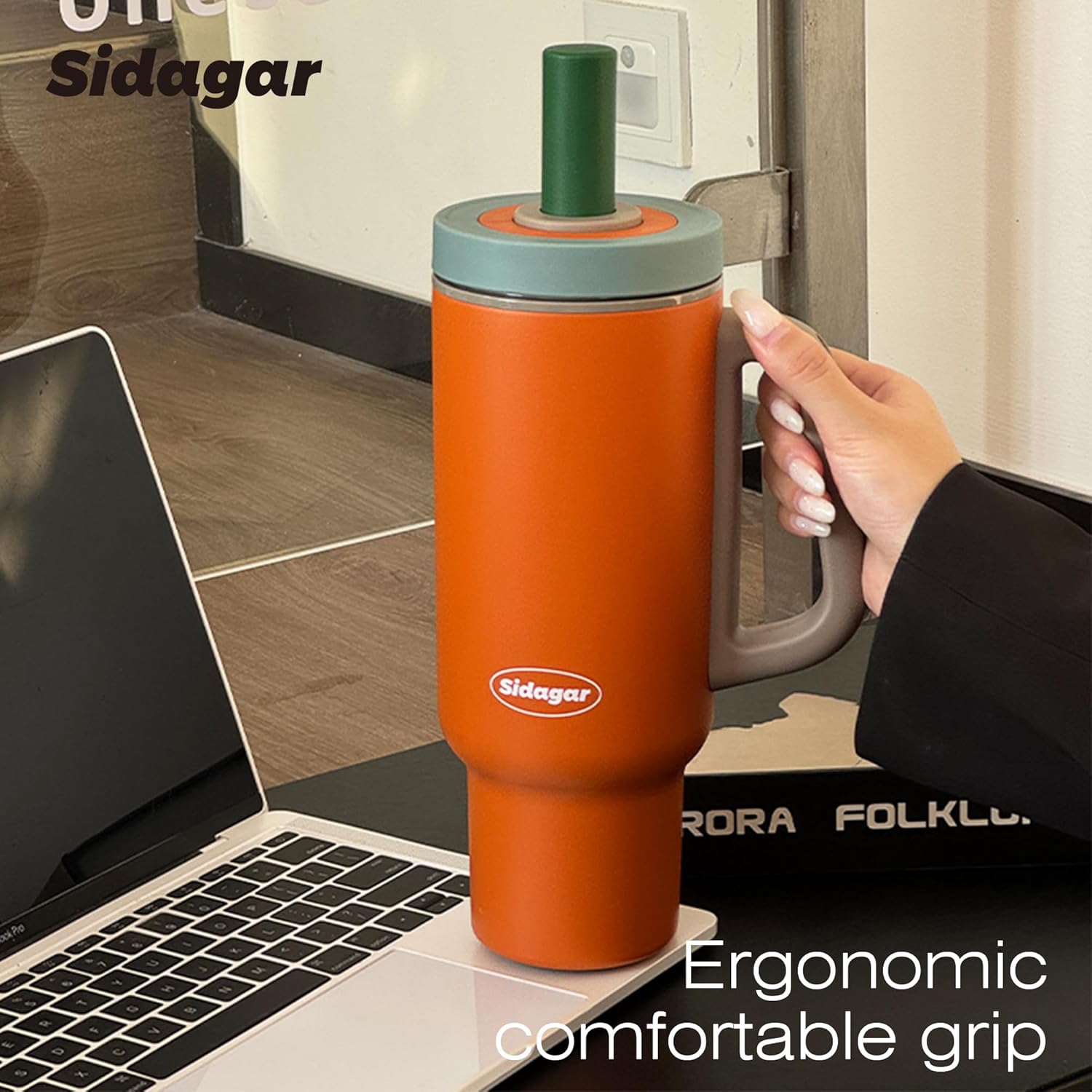 36 oz Tumbler with Handle and Straw, Ceramic Lined Water Bottle Vacuum Insulated Cup, Stainless Steel Travel Mug with Lid,Fits Cup Holder, Leak Resistant Press-in Lid, Orange - Image 5