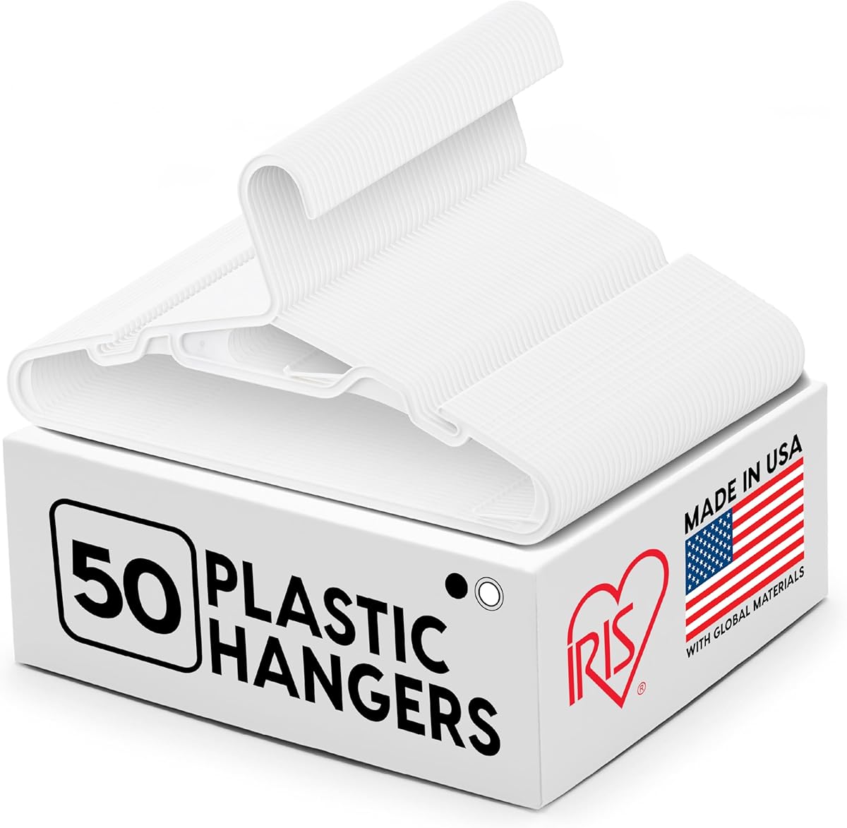 IRIS USA Hangers 50 Pack, Clothes Hangers, Flexible Plastic Hangers with Shoulder Grooves & Accessory Hooks, Dorm Room Essentials Closet Organizer, Hangers for Lightweight Shirts Pants Dress, White