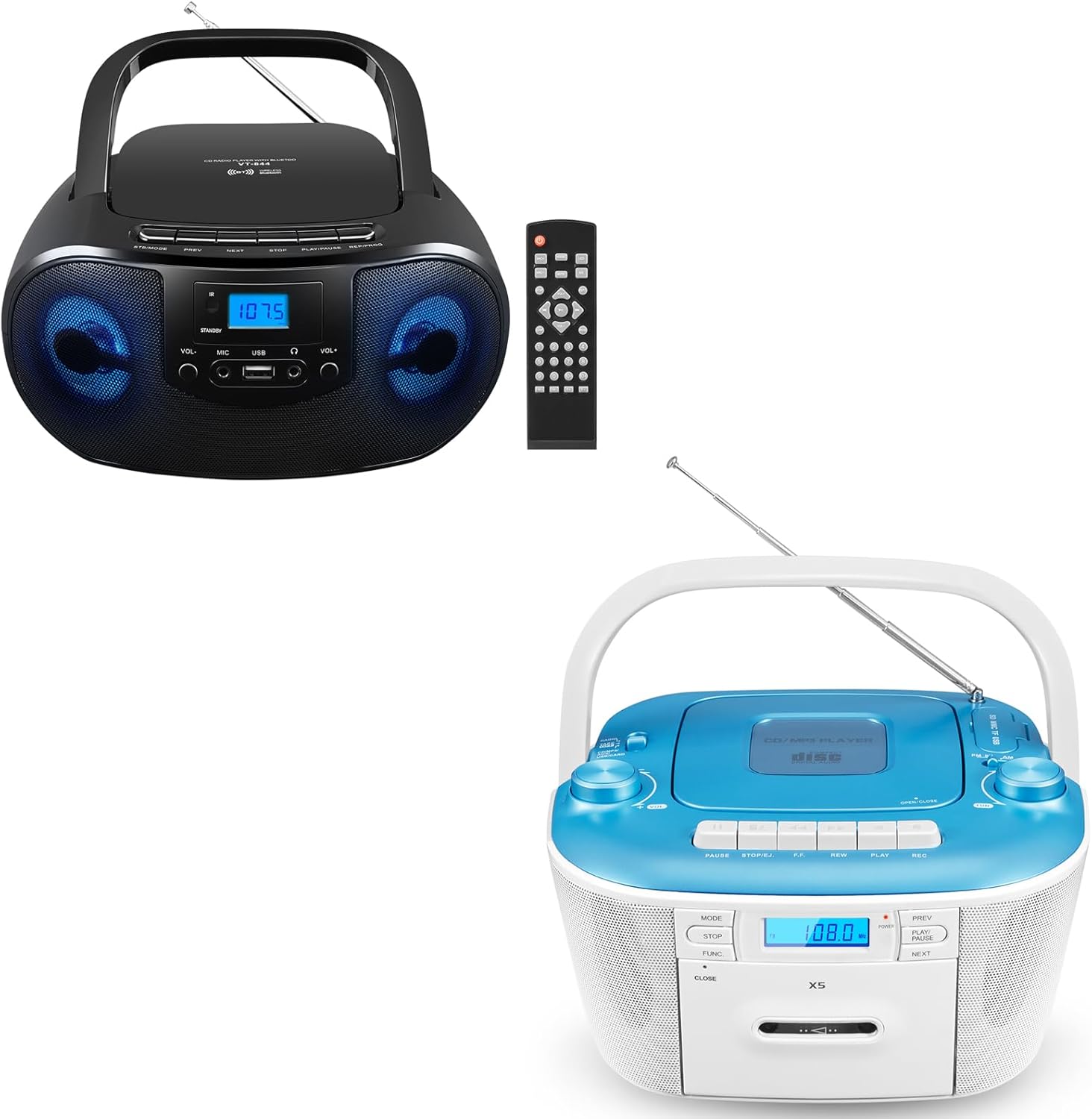 Portable CD Player Boombox & CD Cassette Player Boombox Combo,Top Loading Stereo Boom Box for Home, Bluetooth, Remote Control, Disco Light,AC/DC Powered, Headphone Jack, Indoor & Outdoor, Kids