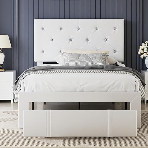Miniatura 86 de VECELO Base de cama de tamaño individual, plataforma tapizada con cabecera ajustable de diamante, soporte de listones de madera, no necesita somier,