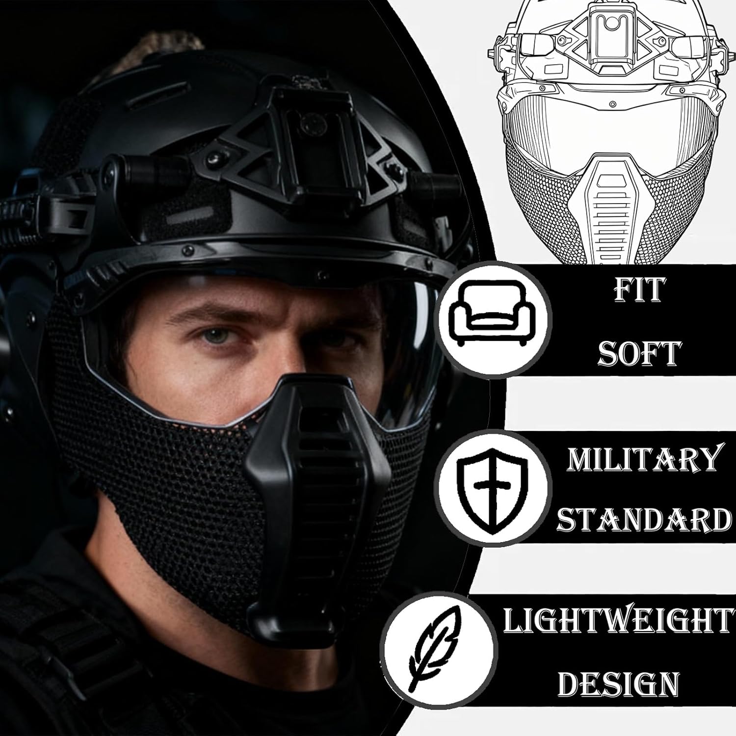 Full Set of Military Airsoft Bump Helmet Gear, Tactical Full Face Steel Mesh Mask, Men Halloween Cosplay Costume, for Outdoor CS CQB Airsoft Paintball Gear