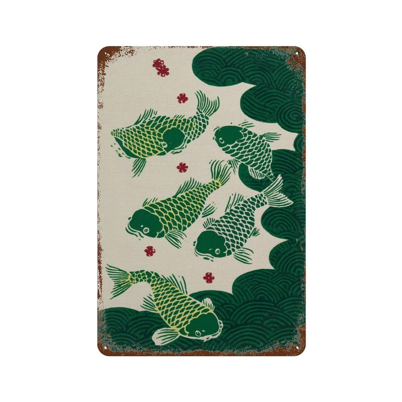 xiaoxiaoshen Green Koi Fish Japanese Minimalist Ocean Bold Wave And Rising Sun Wall Decor Art Metal Tin Poster Modern Home Decor Art Home Bar Shop Decorations Vintage Sign 30x20cm
