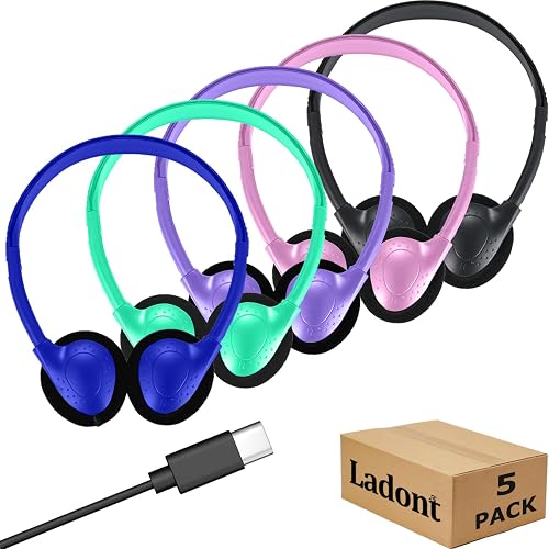 5 Pack Bulk Headphones for Kids, Type-C, USB C Wired Headphones for Chromebook Laptop PC, Wholesale Children Student Headset for School Classroom, Mixed Colors