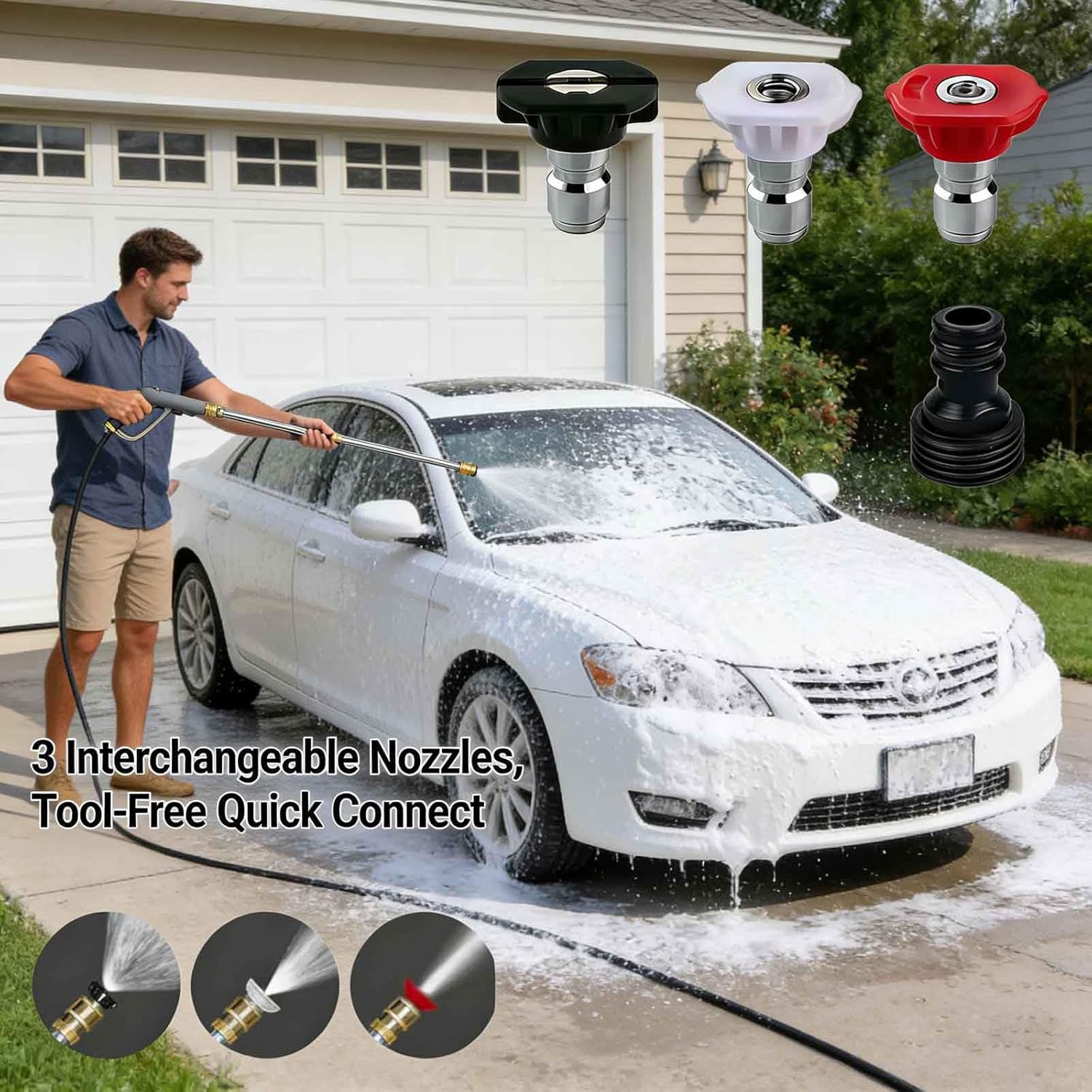 Garden Hose Jet Power Washer Nozzle, 3 Interchangeable Nozzles Universal Quick Connect for Car Washing Patio Cleaning (Black and gray)