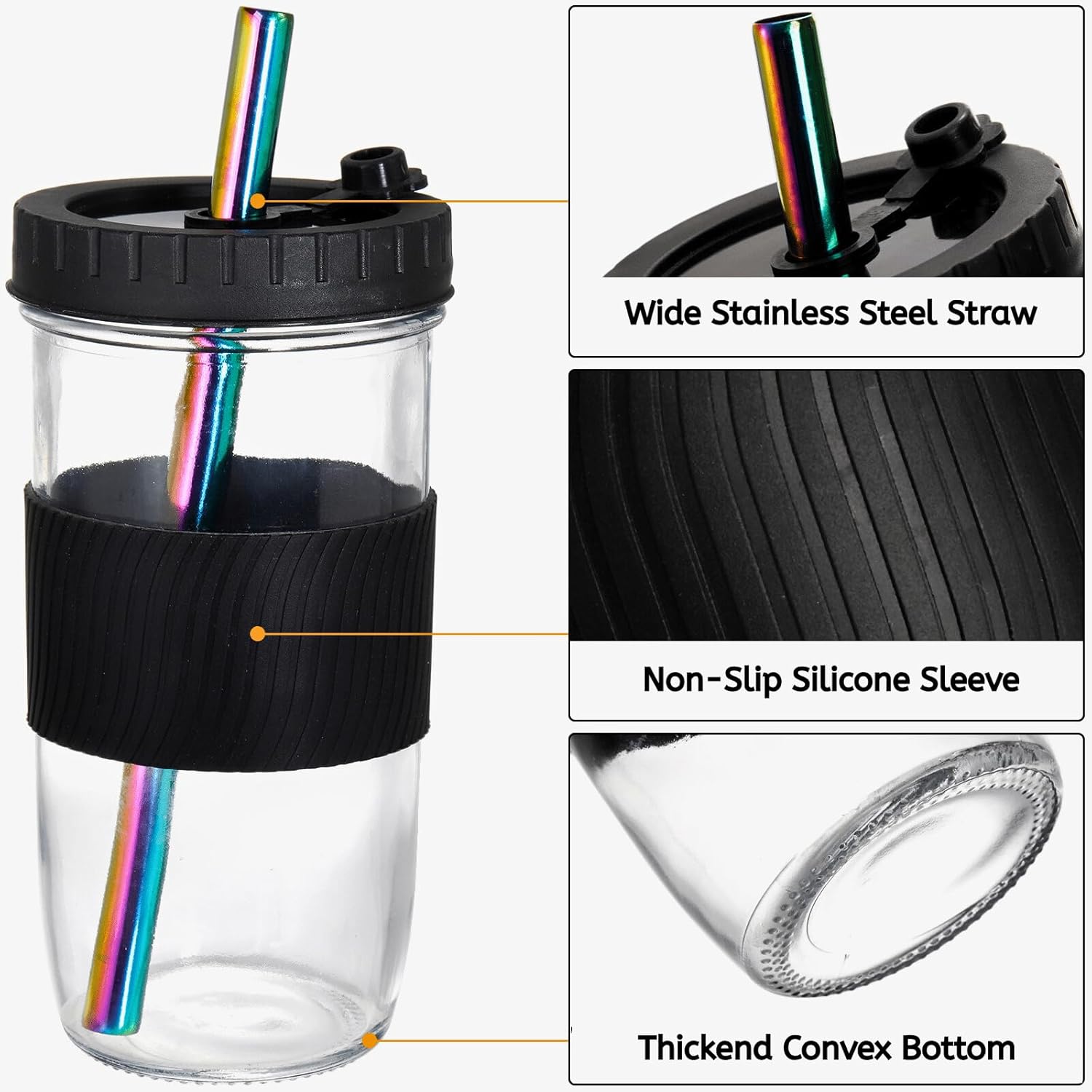 Youeon 4 Pack 24 Oz Reusable Boba Cups with Lids and Straw, Iced Coffee & Smoothie Cups, Bubble Tea & Mason Jar Style with Silicone Sleeve, BPA Free, Dishwasher Safe, 2 Colors - Image 3