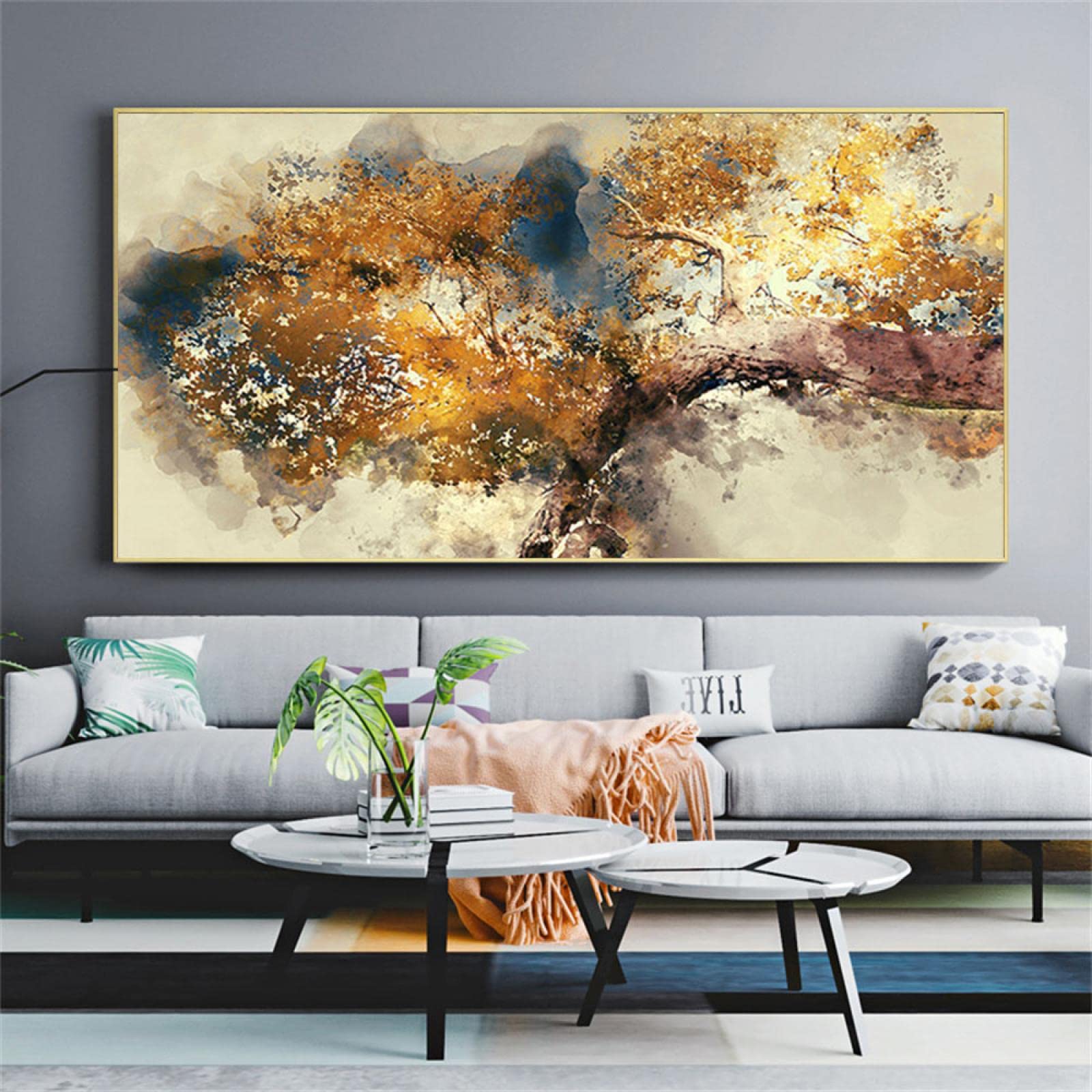 HOLEILUCK Großes abstraktes Ölgemälde auf Leinwand, goldbraun, Ast, 80 x 165 cm, mit Rahmen