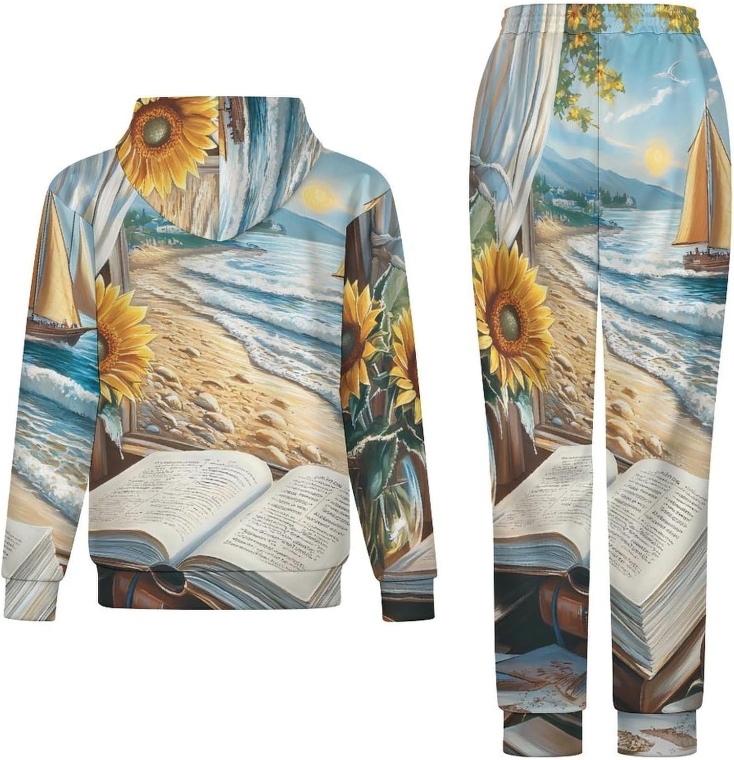 Beach Window Book Desk Sunflower Men's Hooded Set Casual 2 Pieces Suits Pullover Tracksuit Hoodies And Sweatpants