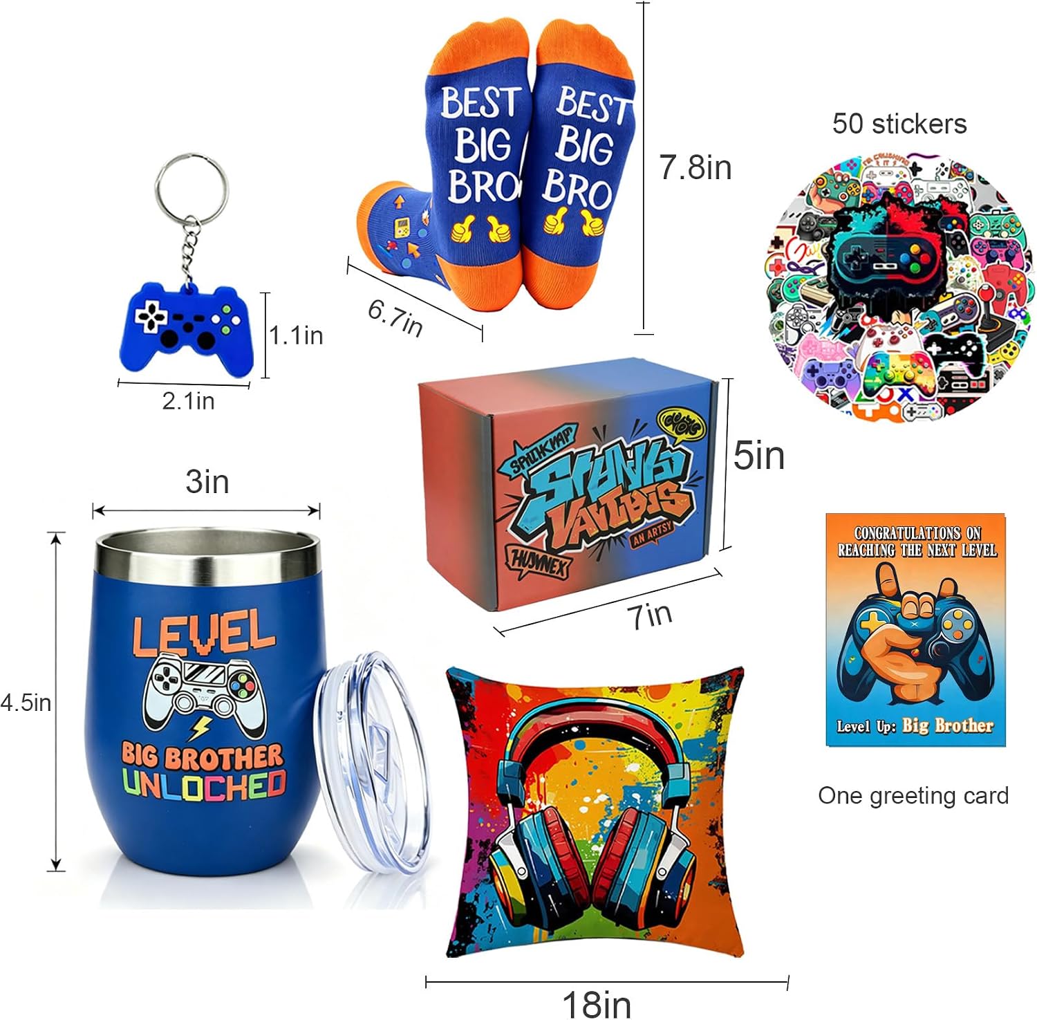 Dreamgirnh Big Brother Gamer Gift Set-6 PCS New Brother Gifts for Boys, 12 oz Big Bro Unlocked Tumbler, Birthday Christmas Gaming Gifts for Sibling and Teens Boy