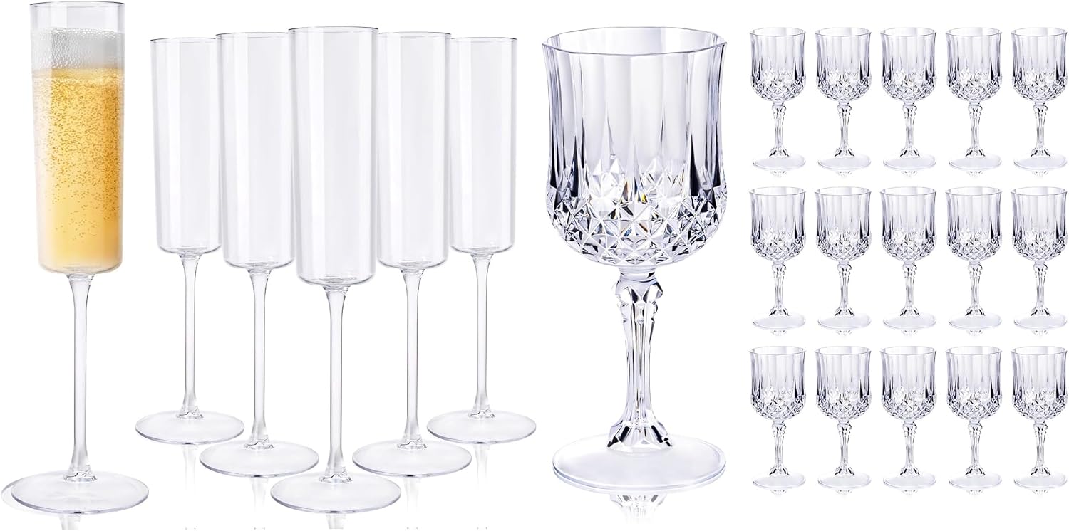 Ciaell 24 Pack Plastic Champagne Flutes and 24PCS Plastic Wine Glasses for Thanksgiving & Parties & Weddings & Poolside & Toasting & Outdoors
