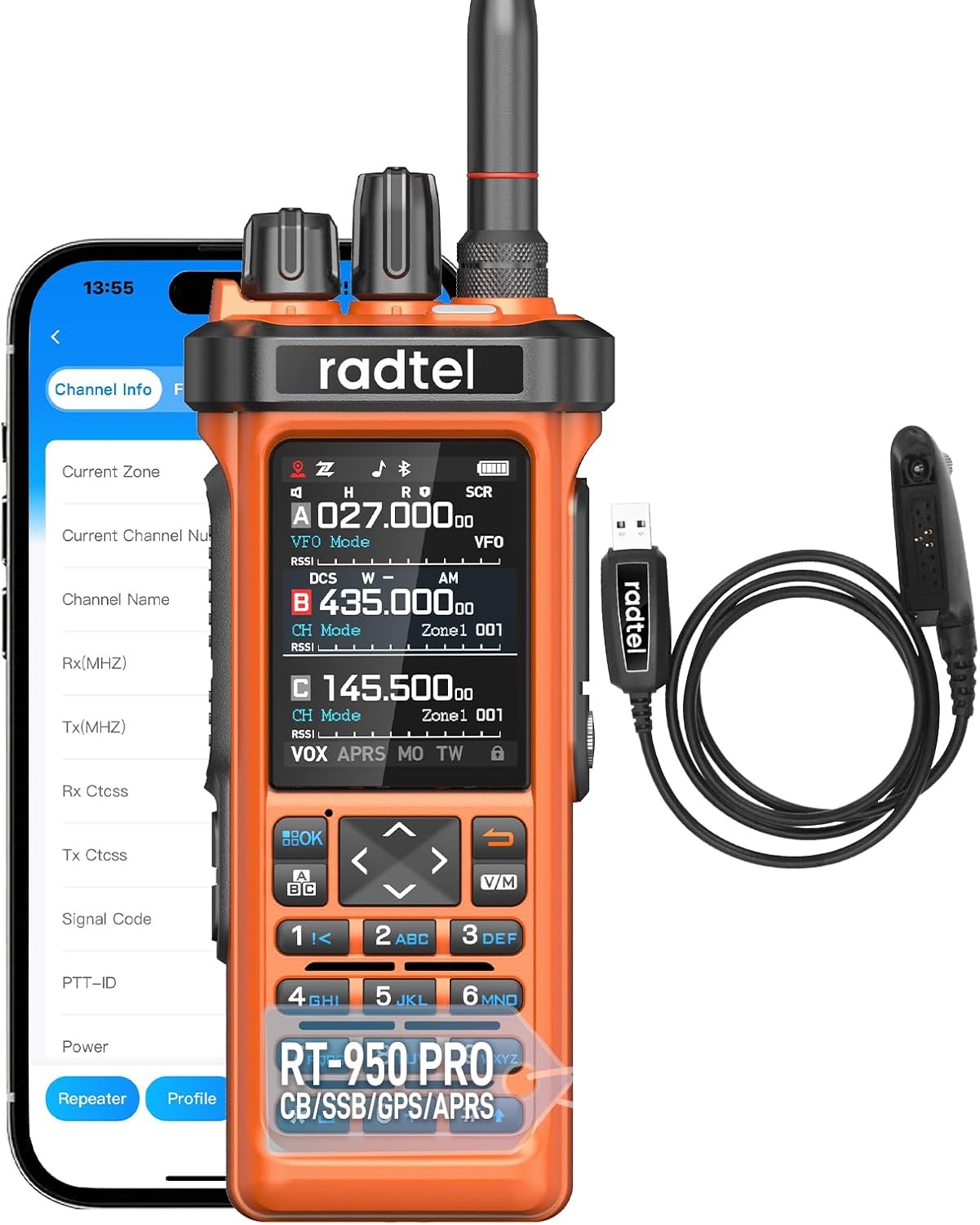 Radtel RT-950 PRO Ham Radio GPS/APRS, 10W Walkie Talkie Long Range Handheld Two Way Radio, SW/MW/LW RX, Bluetooth APP Programming, NOAA, Spectrum Analyzer,Orange(with Programming Cable)