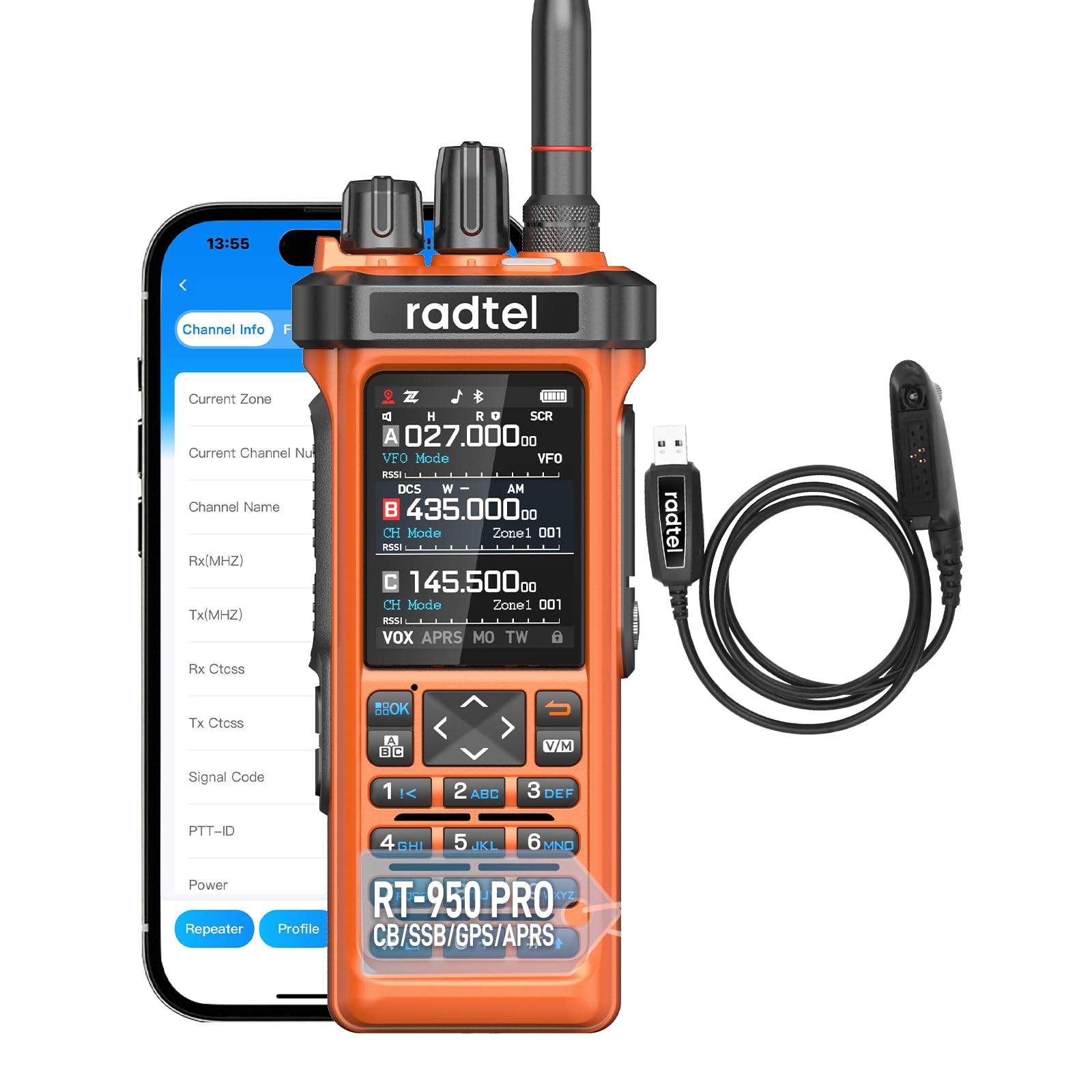Radioaficionado Radtel RT-950 Pro GPS/APRS, walkie-Talkie portátil de Largo Alcance de 10 W, programación por aplicación Bluetooth, Color Naranja (con Cable de programación)
