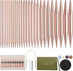 Iswawo Interchangeable Circular Knitting Needles Set 13 Pairs, Aluminum Short 4-inch Round Metal Crochet Needles for Sock Sizes US 3-10mm with 4 Cords Cable, Accessories Case Christmas Gift (Black with Flower)