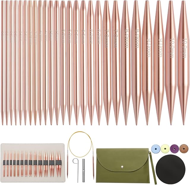 Interchangeable Circular Knitting Needles Set 13 Pairs, Aluminum Short 4-inch Round Metal Crochet Needles for Sock Sizes US 3-10mm with 4 Cords Cable, Accessories Case Christmas Gift (Rose Gold)