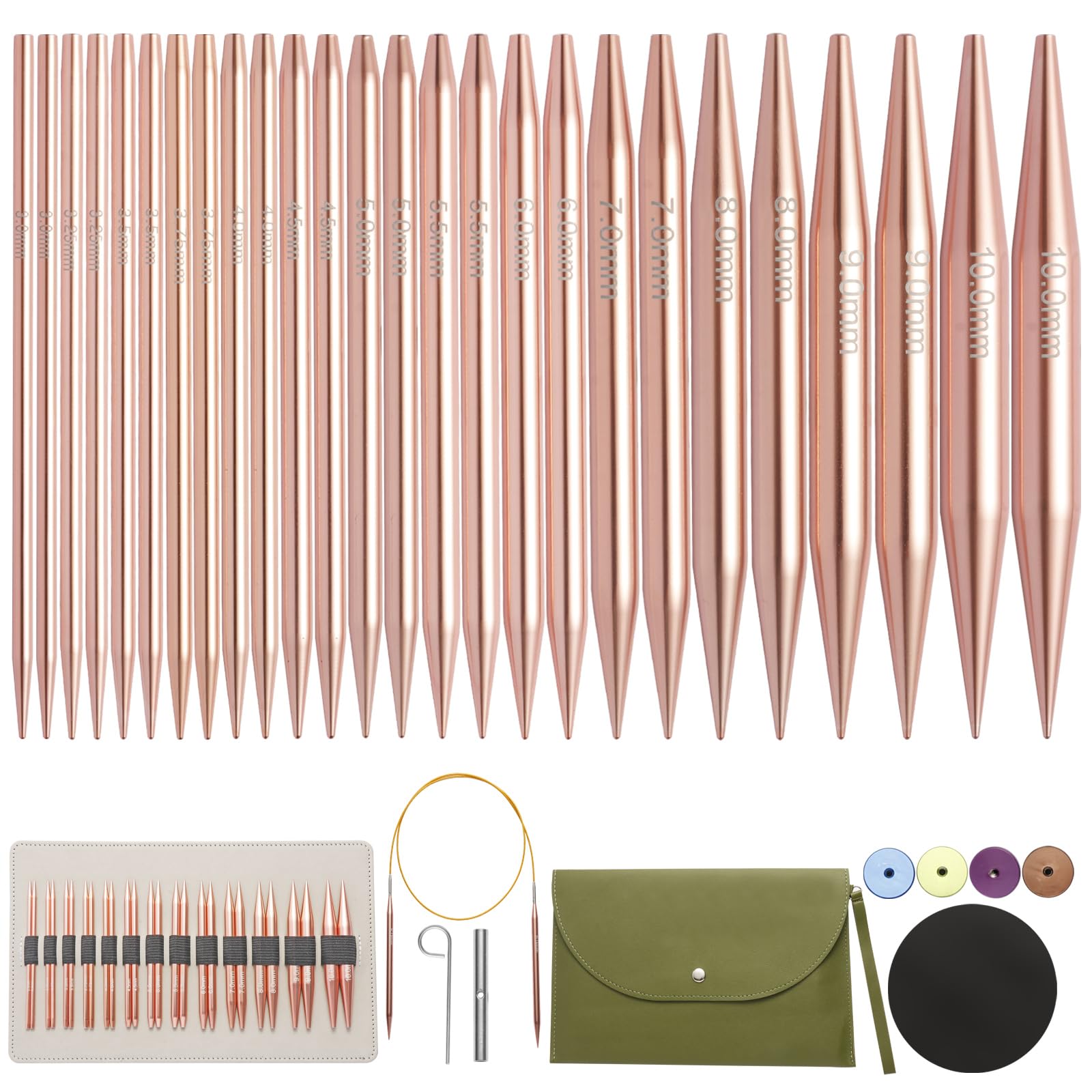 Iswawo Lot de 13 paires d'aiguilles à tricoter circulaires interchangeables de 3,0 à 10,0 mm - Avec 4 sacs à cordes, pour projets de tricot, débutants et professionnels, en aluminium (or rose)