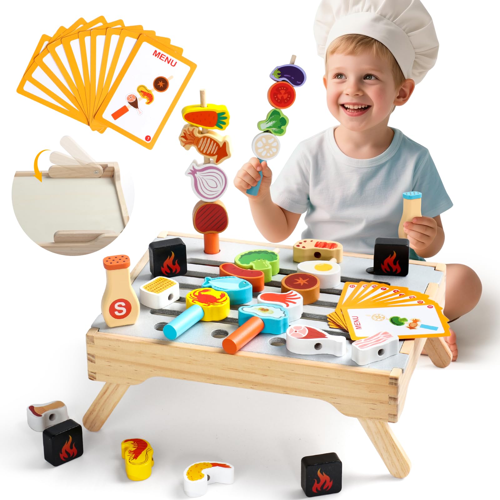 Montessori Juegos Educativos Niños 3 Años, Juguetes Niños 3 4 5 Año, Juguetes Niña 3 Años, Regalo Niño 4 Años, 45 PCS Accesorios Cocina Juguetes para apilar y Encajar de Madera, Juego de rol Chef