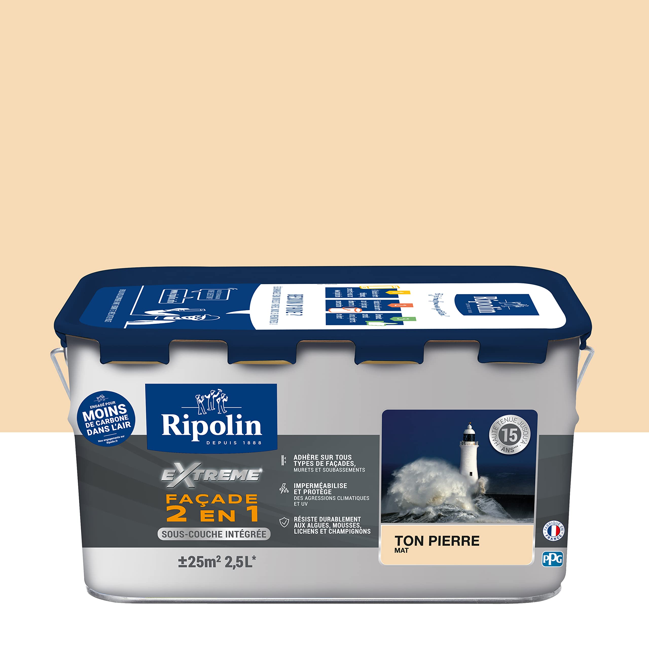 RIPOLIN - Peinture Façade 2 en 1 Extrême Extérieur - Sous-Couche Intégrée - Très Forte Adhérence - Protection Contre Micro-organismes - Résistance aux UV et Intempéries - Mat - 2,5L - Ton Pierre