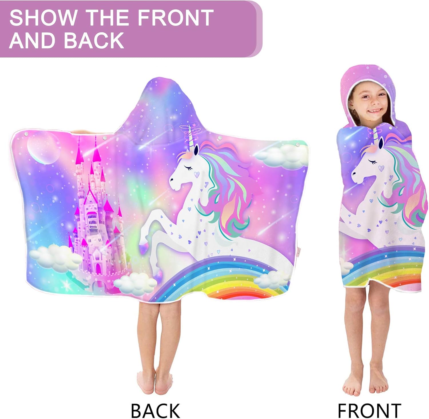 Bonsai Tree Unicorn Hooded Beach Towel for Kids, Cute Rainbow Bath Towel with Hood for Girls, Pink Magic Castle Microfiber Super Absorbent Soft Poncho Bathrobe for Swin Pool 30”x50” - Image 3