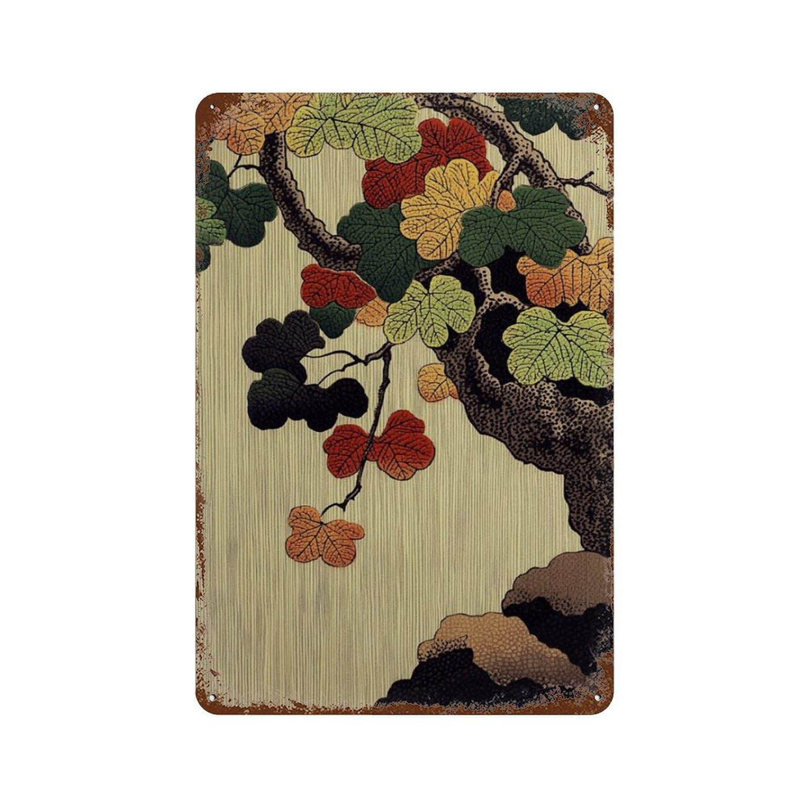 xiaoxiaoshen Japanese Maple Leaf Woodblock Style Botanical Autumn Nature Asian Landscape Wall Decor Art Metal Tin Poster Modern Home Decor Art Home Bar Shop Decorations Vintage Sign 30x20cm