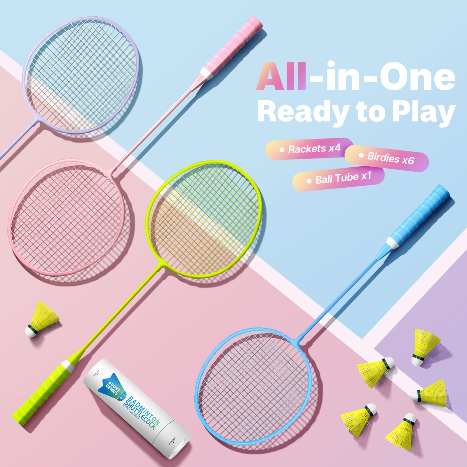 AboveGenius Badmintonschläger-Set, 2/4 Farben, leichtes Badminton-Set enthält 2/4 Schläger, 6 Vögel, Outdoor-Hinterhof-Spiele, Schläger für Familienanfänger