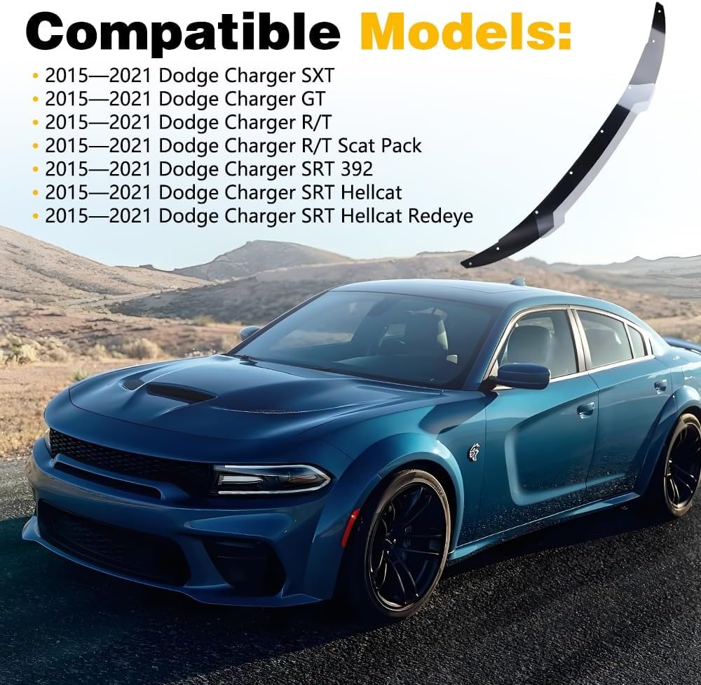 Rear Wicker Bill Spoiler Add-on Extension V-Style 2-Piece FIT 2015-2021 Dodge Charger SRT Scat Pack Hellcat, Gloss Black ABS Rear Spoiler Extension with Rivnuts and Stainless Hardware