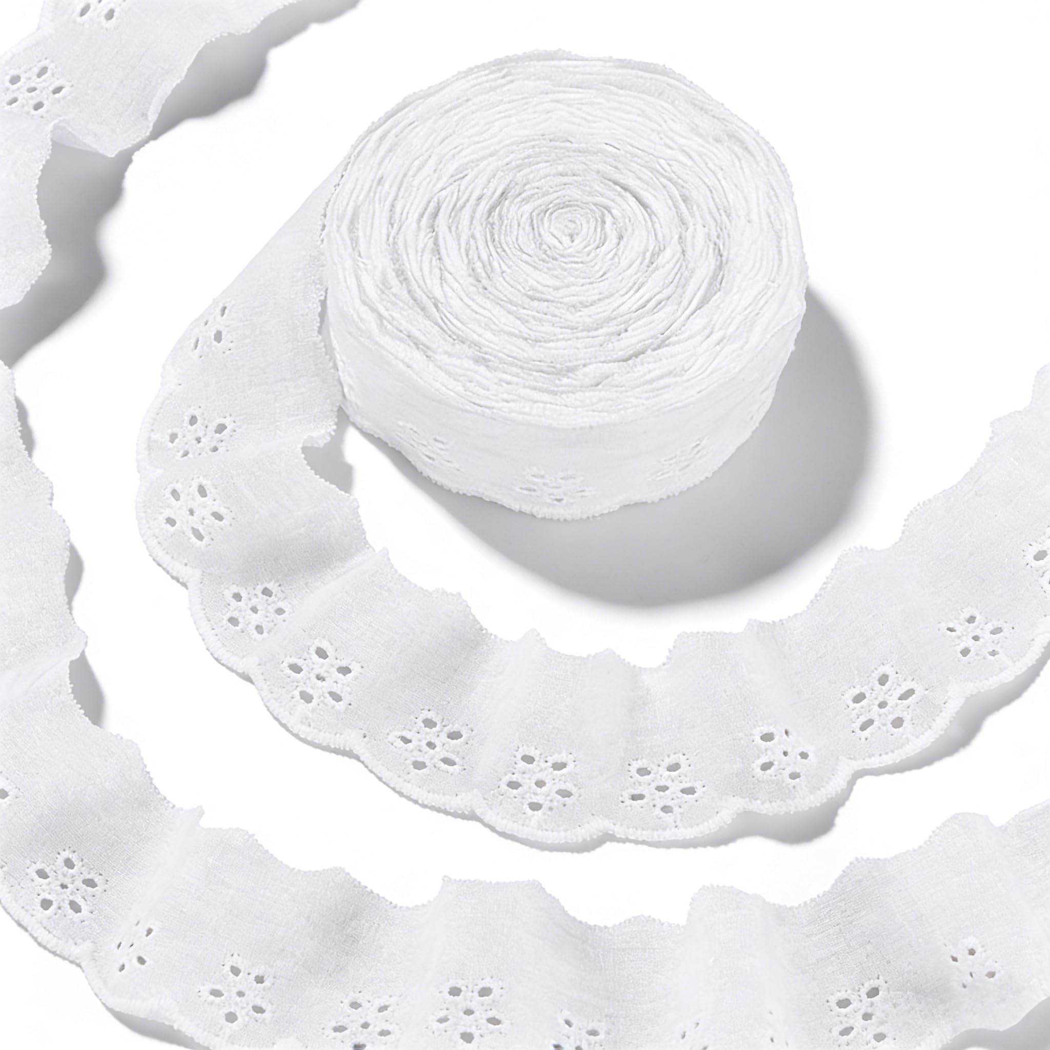 5 Yards Eyelet Lace Trim, White Cotton Lace Ribbon Wavy Edge Floral Embroidery Ruffle Laces Trim for Sewing Dress Clothes Bag Dolls Pets Clothes (White, 5 Yards)