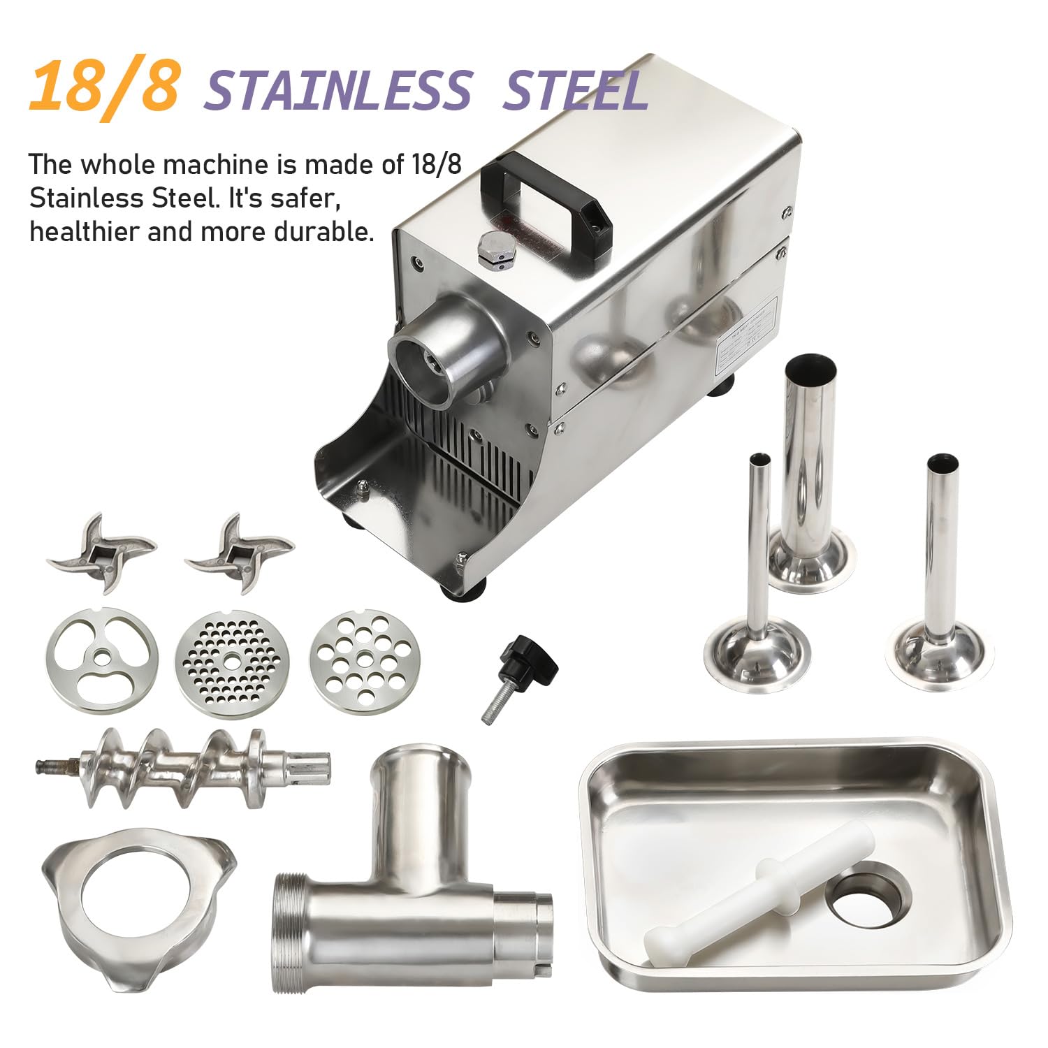 OKF Stainless Steel Electric Meat Grinder - 2800W Heavy Duty Commercial #8 Meat Grinders for Home Use with 2 Blades, 3 Plates, 3 Stuffing Tubes