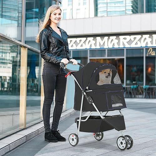 Vista 23 de Paseante BestPet para mascota con apertura para perro y gato. Producto plegable para viaje, Negro