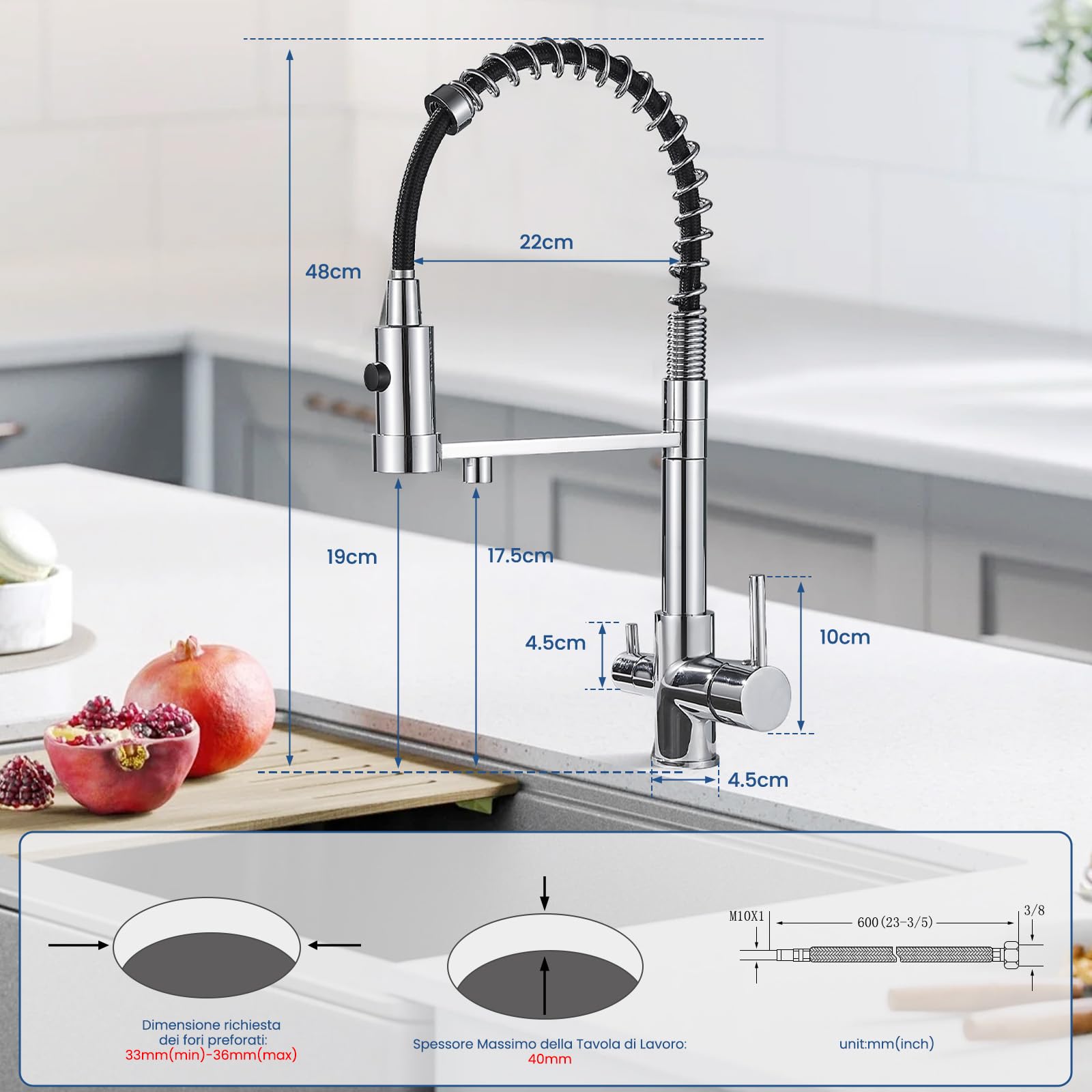 Rubinetto da cucina a 3 vie, con molla a spirale, girevole a 360°, con doccetta estraibile, 3 in 1, per filtro dell'acqua (3 vie (01), cromato)