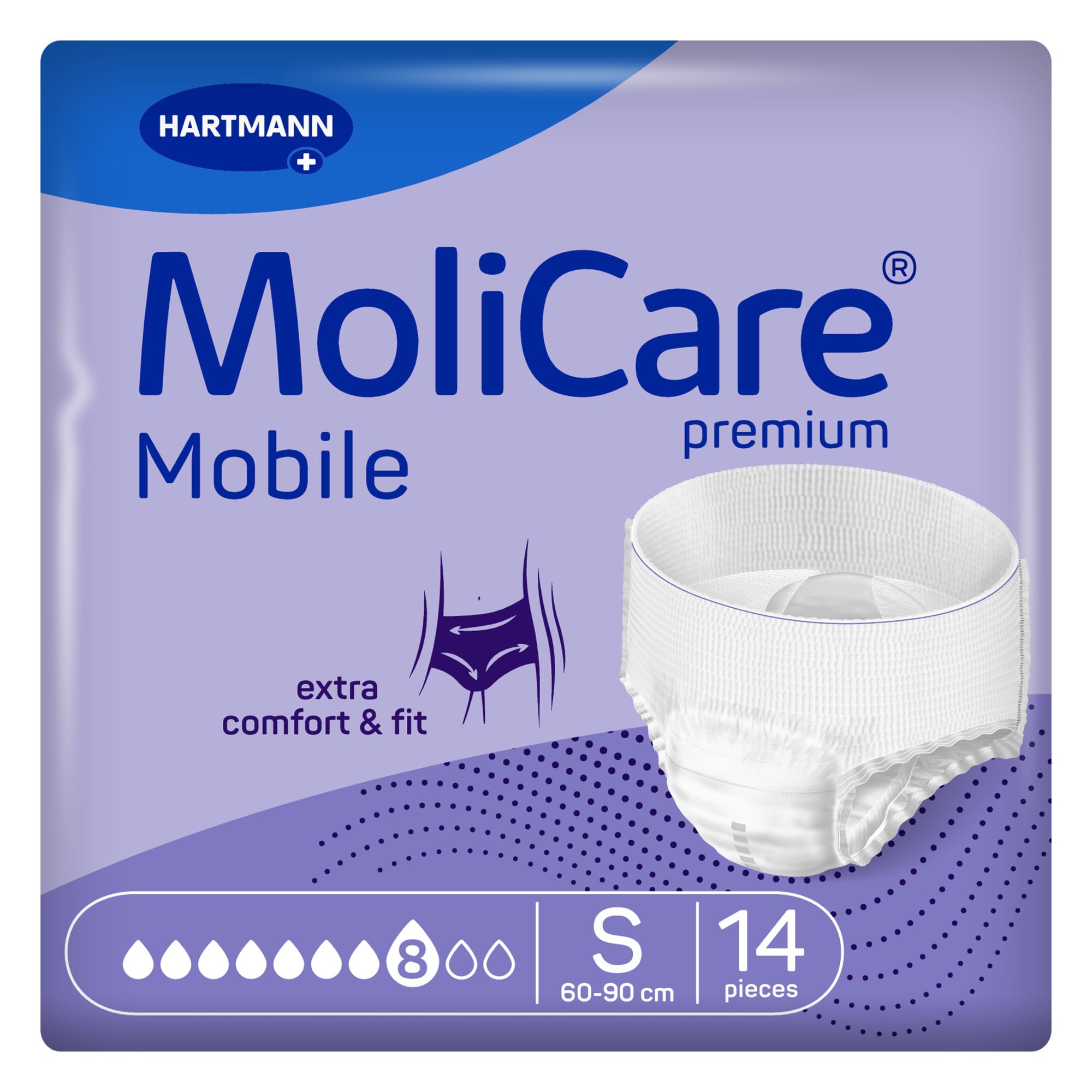 MoliCare Premium Mobile 8 Drops Size Small | Incontinence Pants for Severe Incontinence | Prevents Leaks | Fast Absorption | Instant-Dry Feeling | 24-35 inches | Pack of 14 | 1836ml