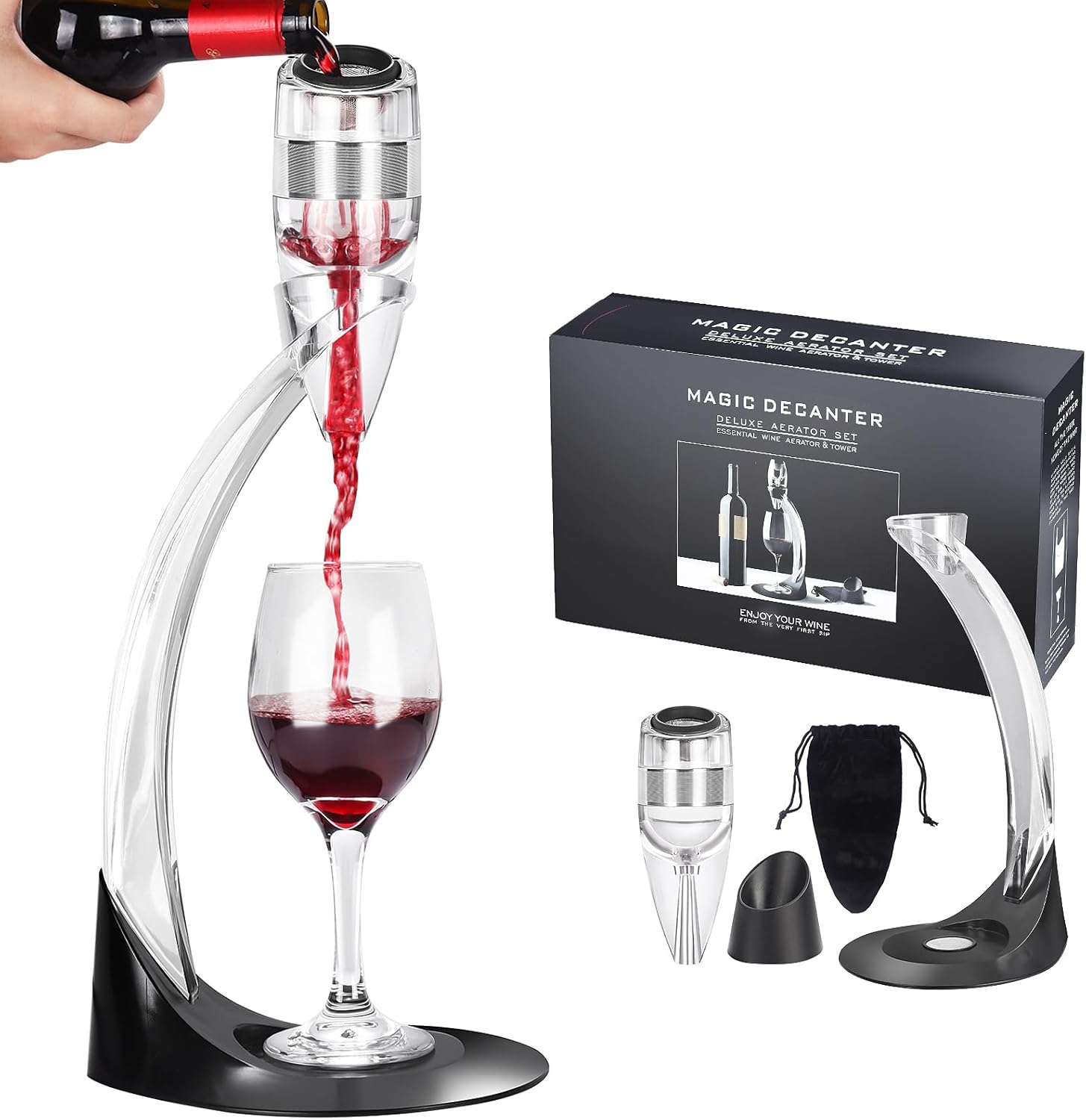 D&Slifei Deluxe Wine Aerator Pourer and Decanter with Tower Stand,Unique Aeration Device Quickly Enhances Wine Flavour with Smoother Finish,Best Gifts for Wine Lovers and Sommeliers.(with Stand)