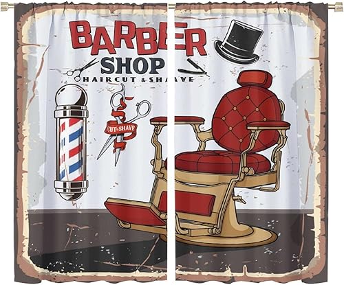 Cortinas de peluquería corte de pelo y afeitado de pelo, barba y silla vintage, cortinas de ventana con bolsillo para barra, cortinas de