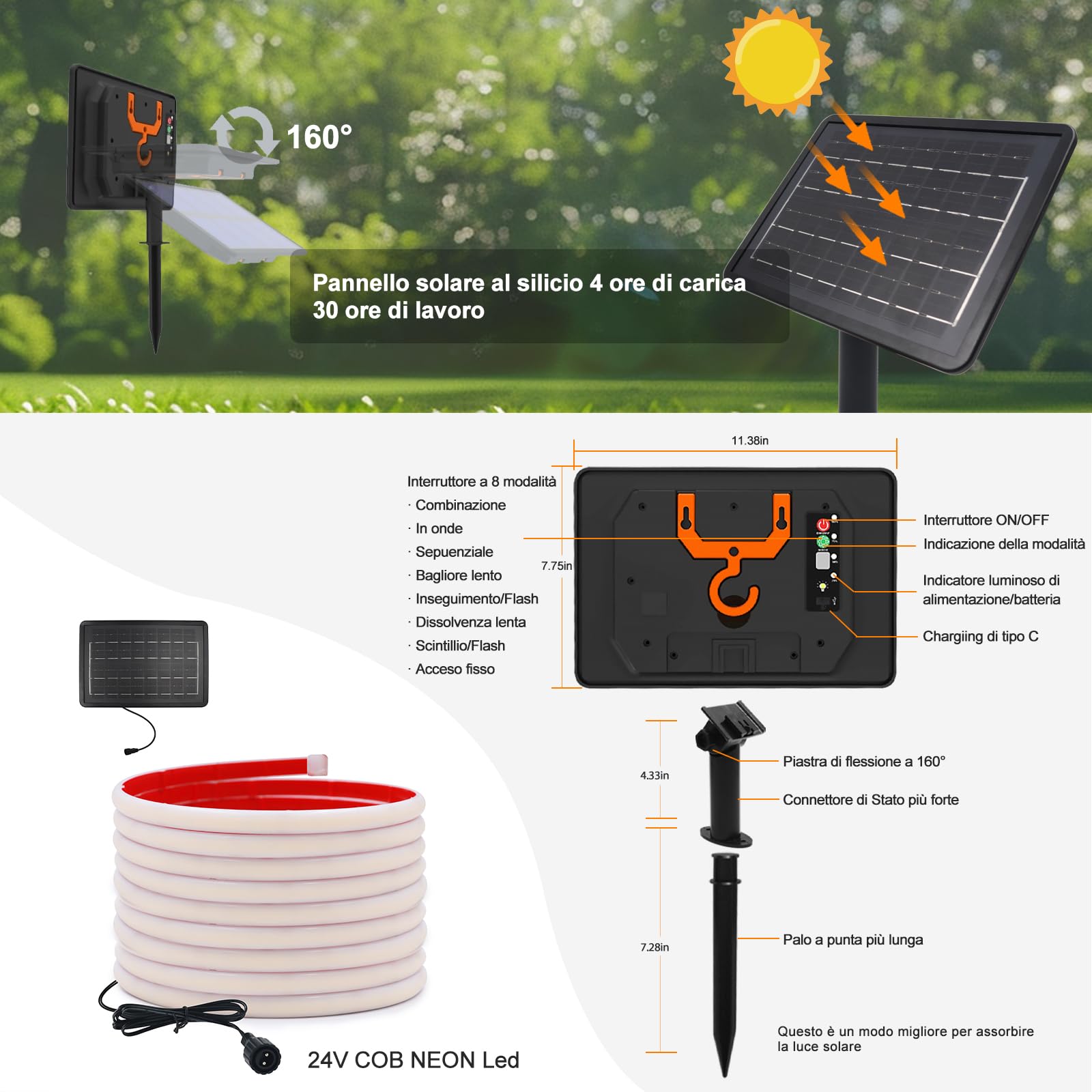 Strisce Led Solari 24V per Esterni, Alta Luminosità Con 320 Led/m, 8 Modalità, Impermeabile, Batteria 7200mah, Ideali per Giardino, Cortile e Balcon (Colori caldi, 10M)