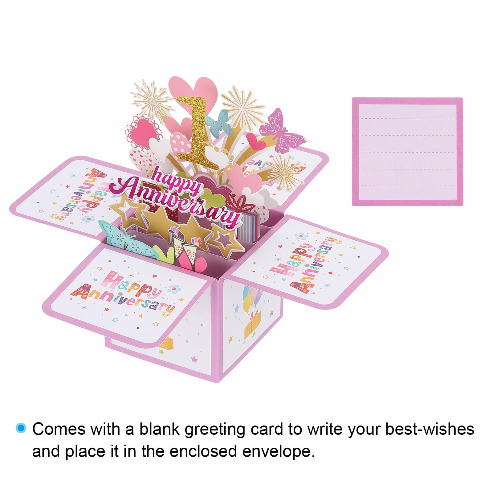 PATIKIL 1 Year Anniversary Card, Happy Anniversary Cards Wedding Anniversary Card for Wife Men Her Couple Pink - Image 3