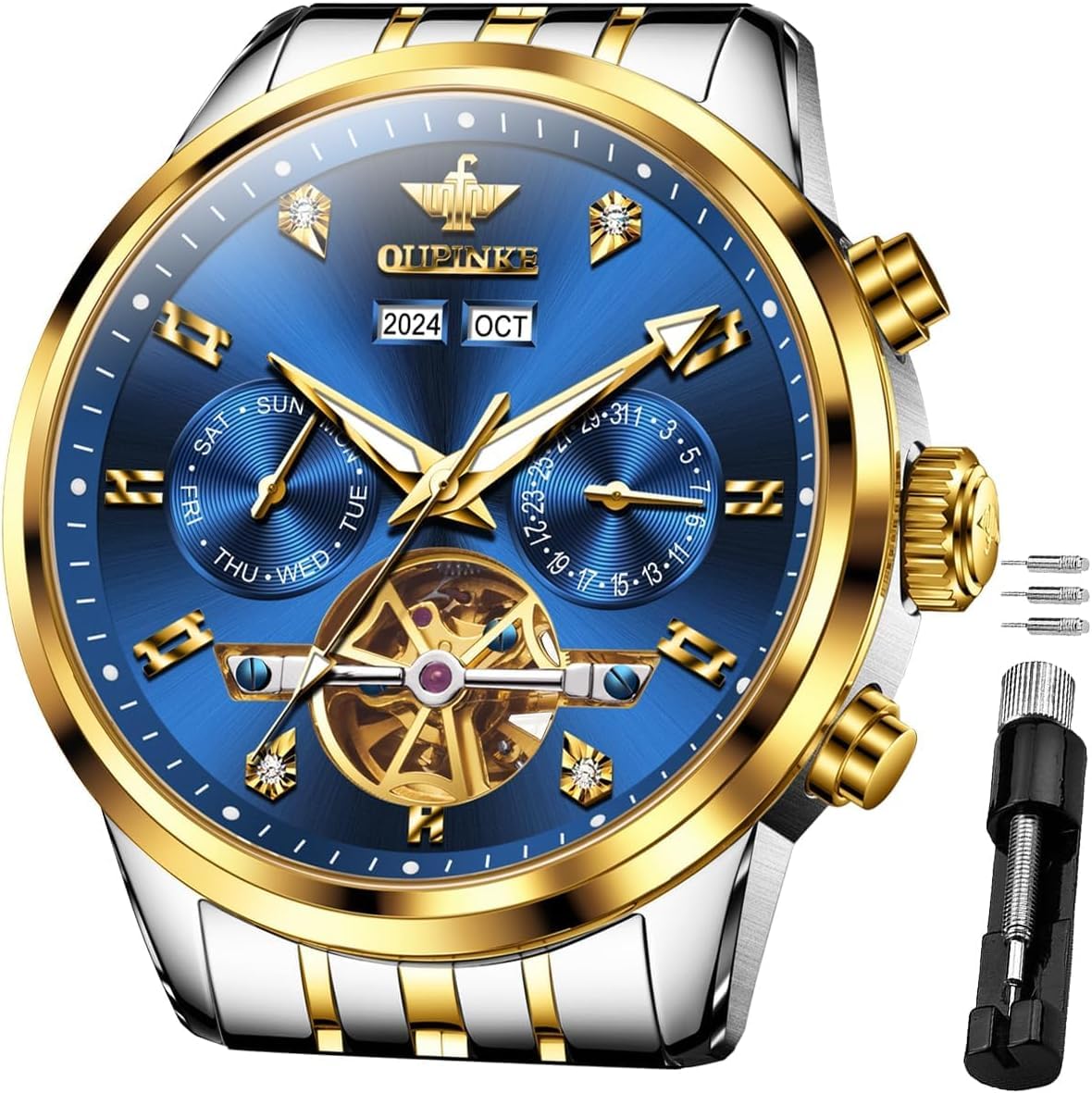 OLEVS Automatik Herrenuhr Skelettiertes Zifferblatt Wolframstahl Armband Saphirglas 5ATM Wasserdicht Leuchtende Luxus Armbanduhr Herren