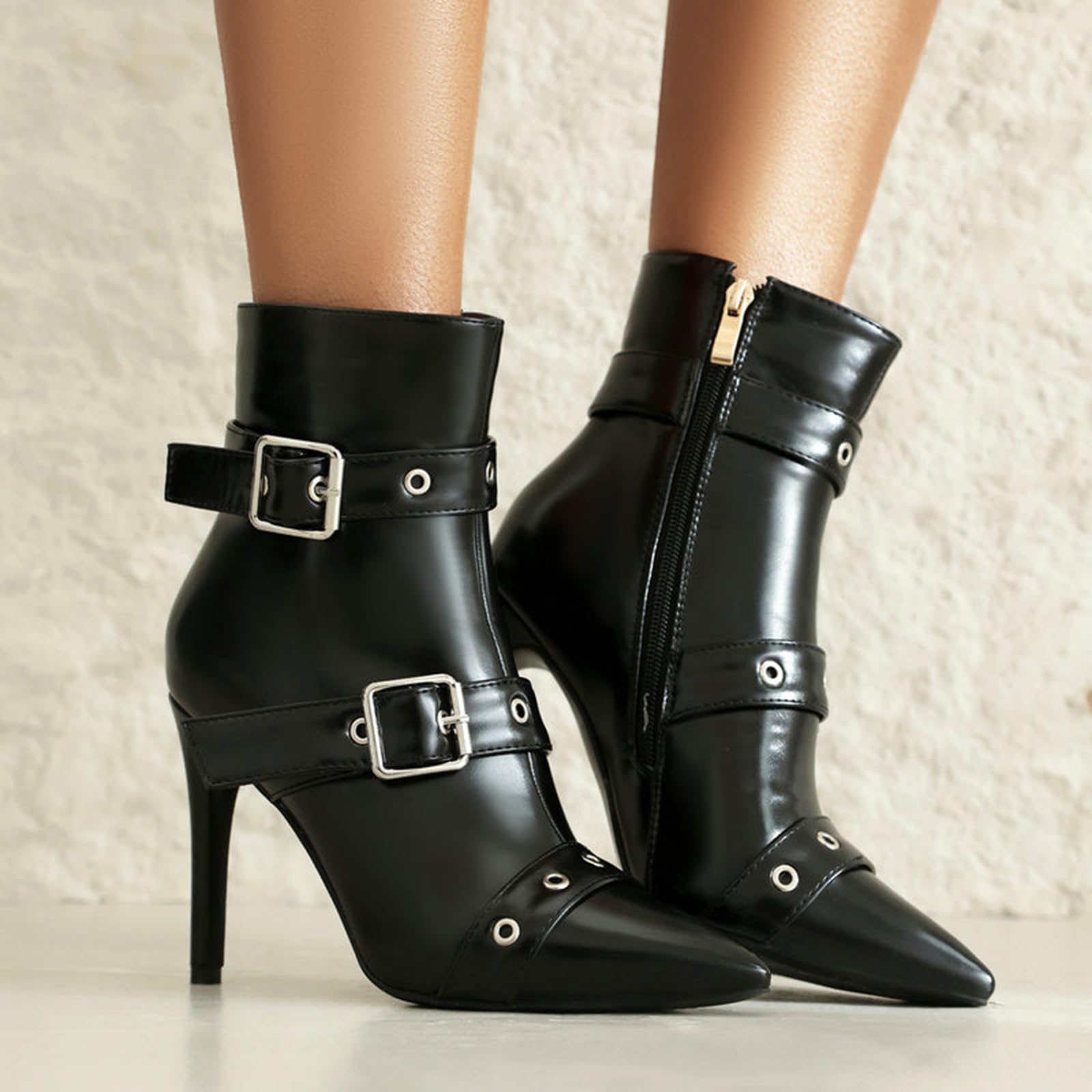 10.5CM Bottines à Bout Pointu Ceinture Boucle Stiletto Heel Short Boots Noir Mode Sexy Bottes Courtes