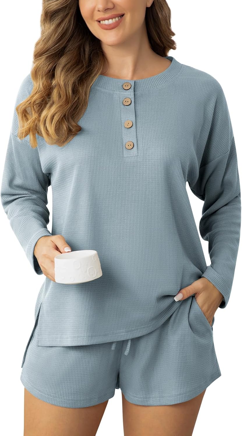 Pajamas Set for Women Waffle Knit Lounge Set Long Sleeve Top and